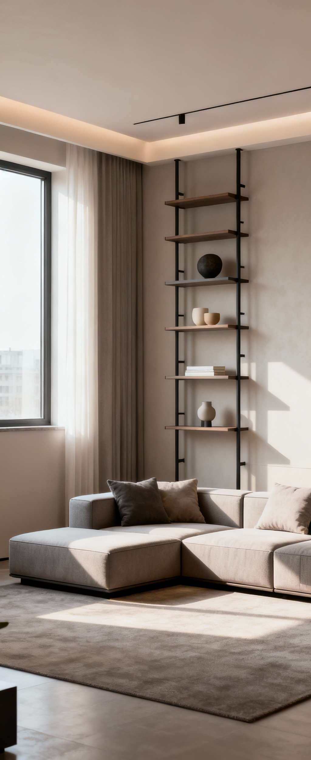 A refined apartment living room showcasing a modular sofa and reconfigurable shelving, illustrating an iterative design process.