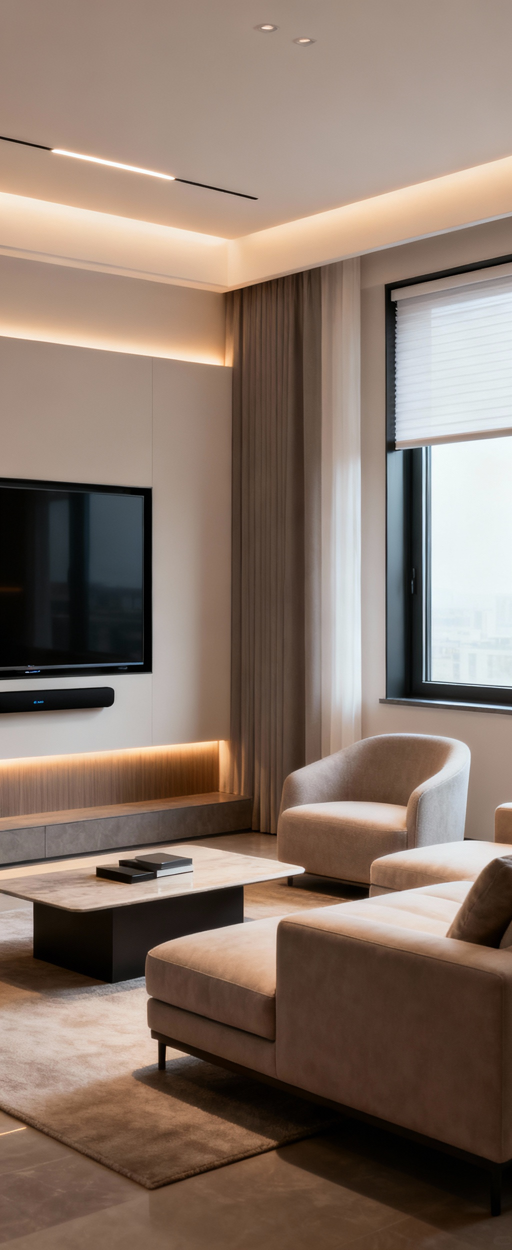 A sophisticated, minimalist apartment living room showcasing seamlessly integrated smart home technology, with no visible devices or wires, featuring elegant modern furniture, soft ambient lighting, and smart blinds, emphasizing a clean and tranquil aesthetic.