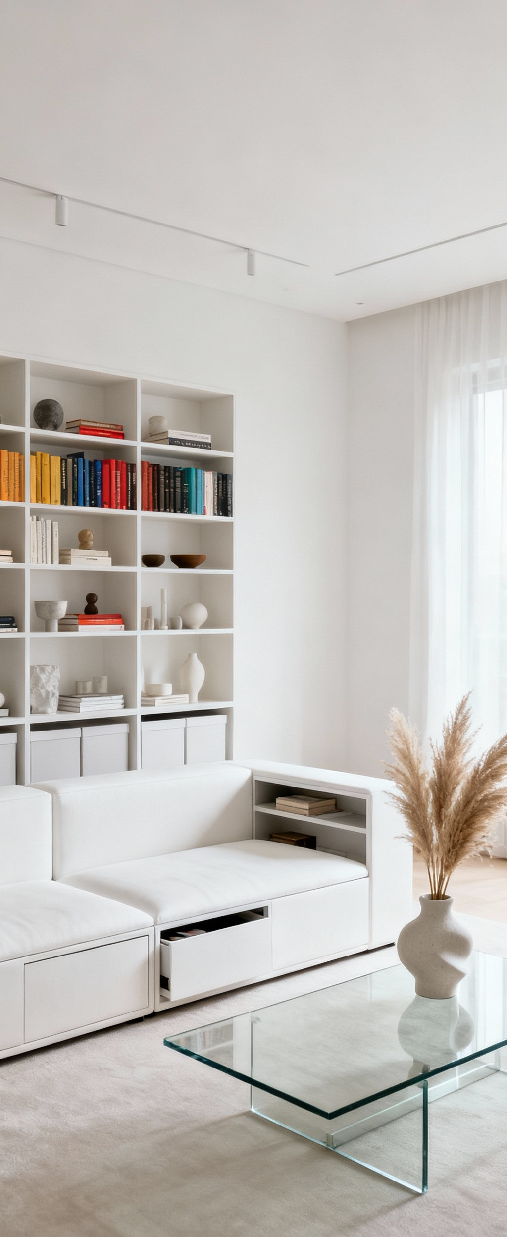 A minimalist apartment living room demonstrating strategic decluttering, featuring a clean white sofa, clear coffee table, curated decor, and ample open space.