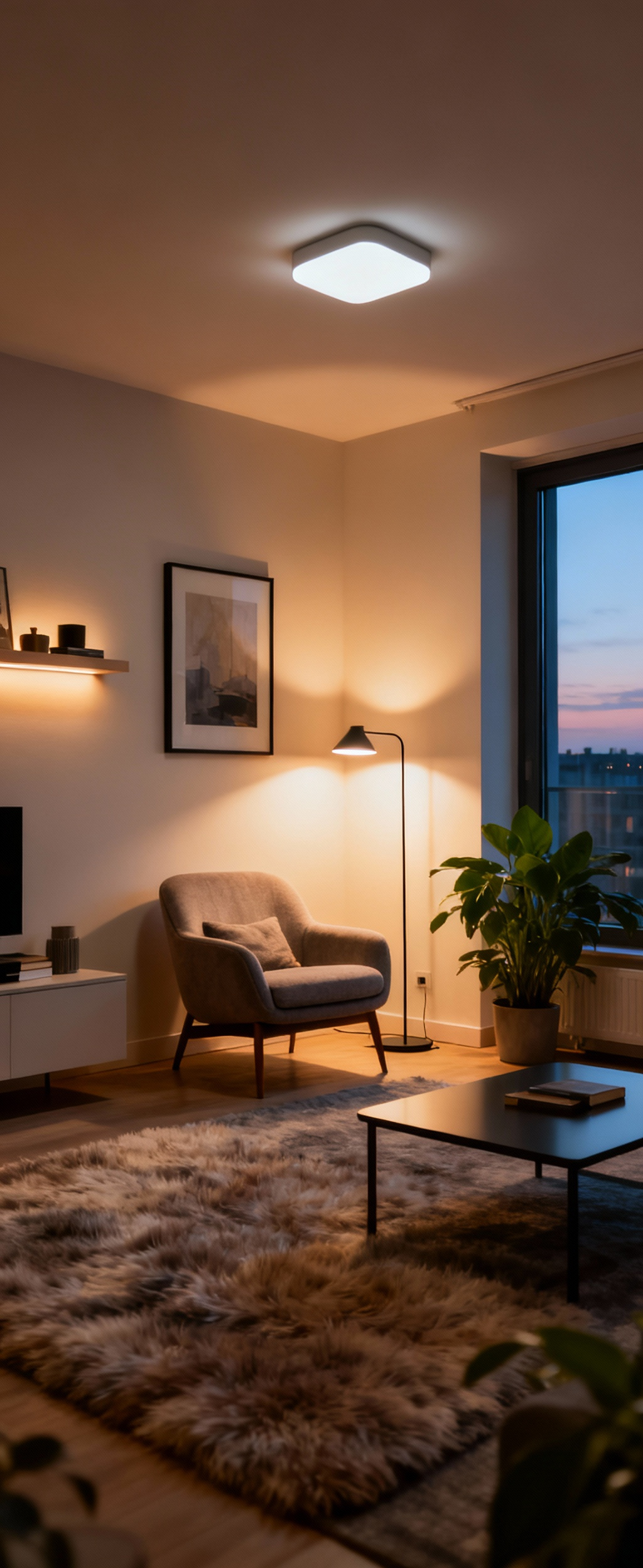 A beautifully lit apartment living room showcasing ambient, task, and accent layered lighting; a floor lamp provides task light by an armchair, while soft overhead and shelf lights create ambiance. No people.