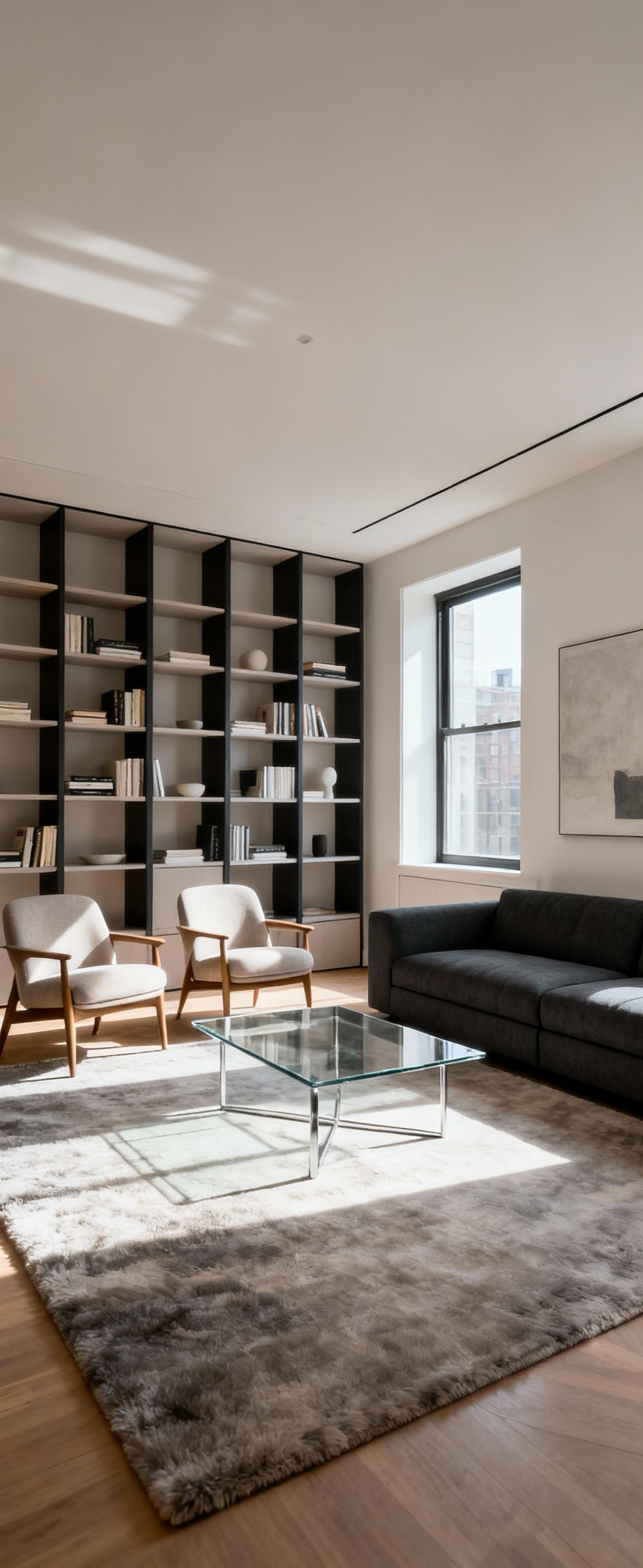 A professionally photographed contemporary apartment living room showing perfectly balanced furnishings, with a dark sofa opposing light armchairs and an airy glass coffee table, embodying dynamic visual weight symmetry.