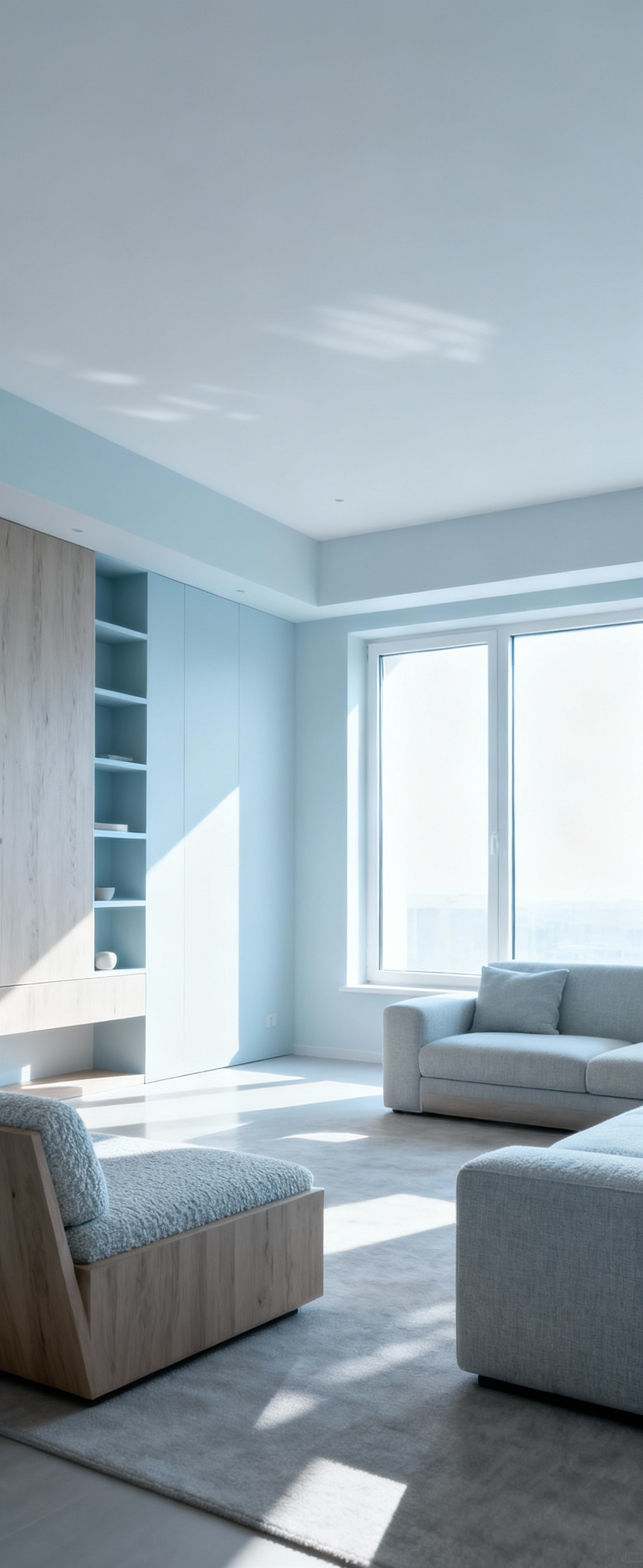 Minimalist apartment living room with light, cohesive color palette, expanding perceived space.