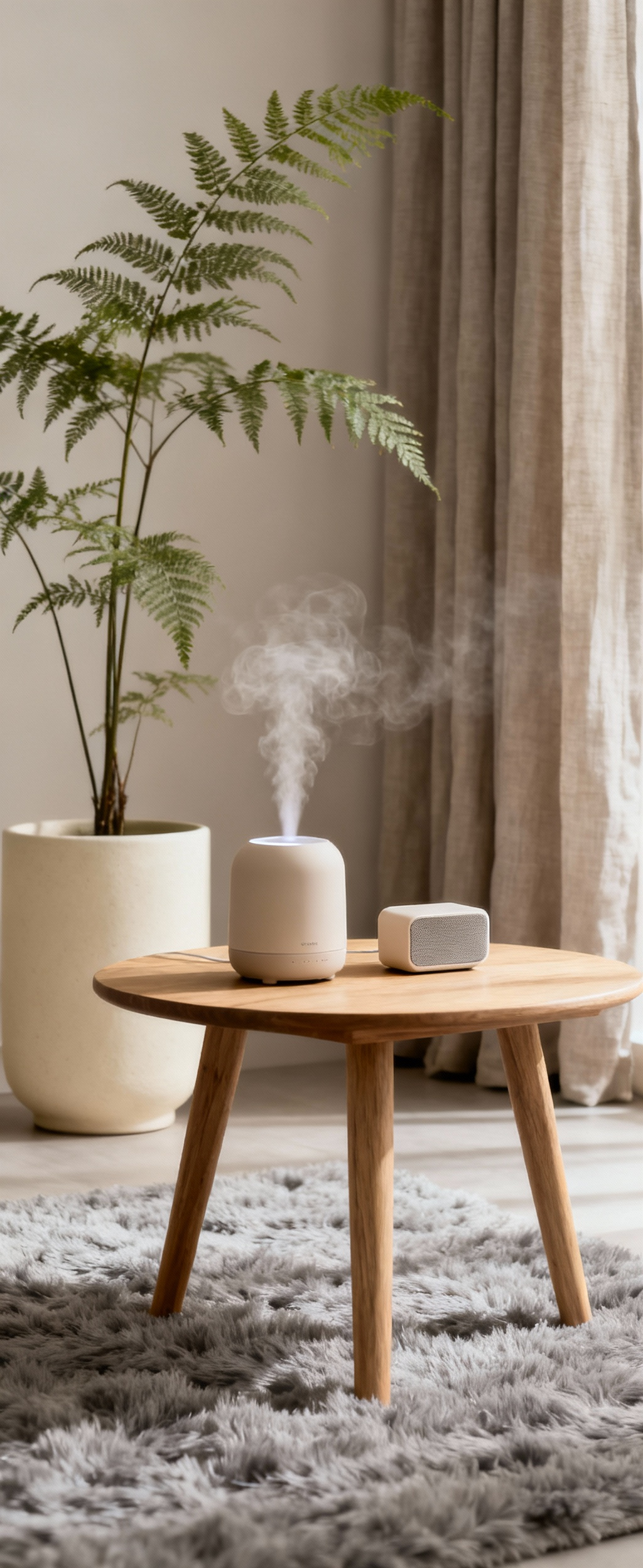 An apartment living room corner with a minimalist wooden side table, featuring a sleek essential oil diffuser and a compact smart speaker. A plush rug and linen drapes in the background contribute to a calming atmosphere, emphasizing apartment sensory design.
