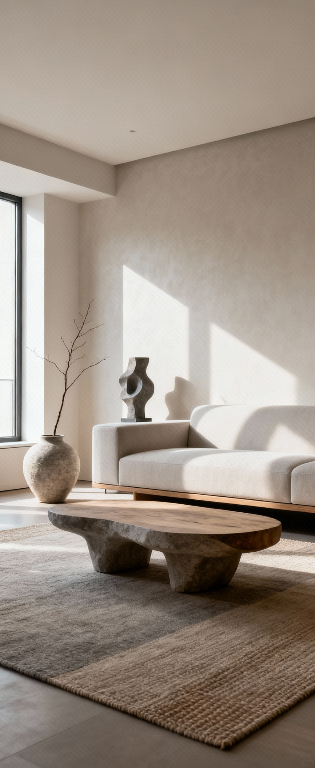 A serene apartment living room showcasing a cohesive aesthetic core with minimalist furniture, neutral colors, and subtle textures, designed for a harmonious and organized space.