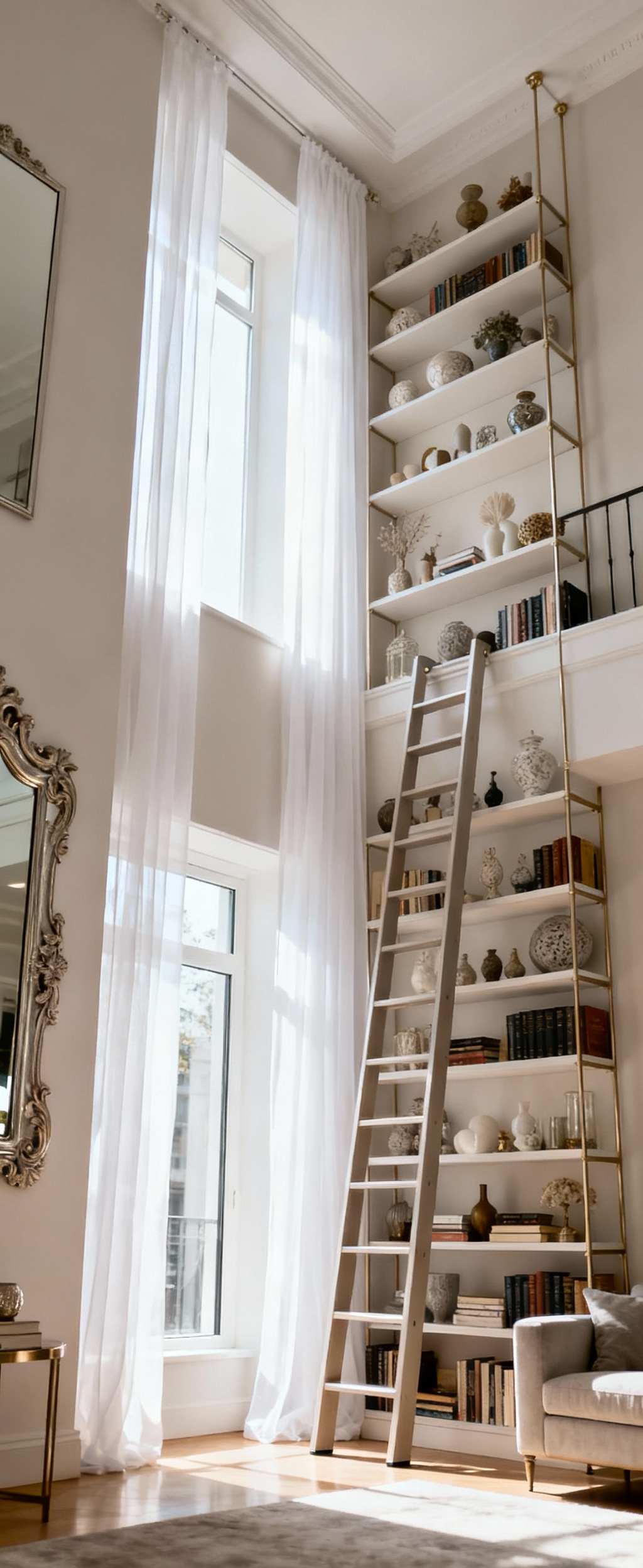Apartment living room with tall ladder shelf, floor-to-ceiling drapes, and a large vertical mirror, demonstrating excellent vertical space utilization and enhanced room height.