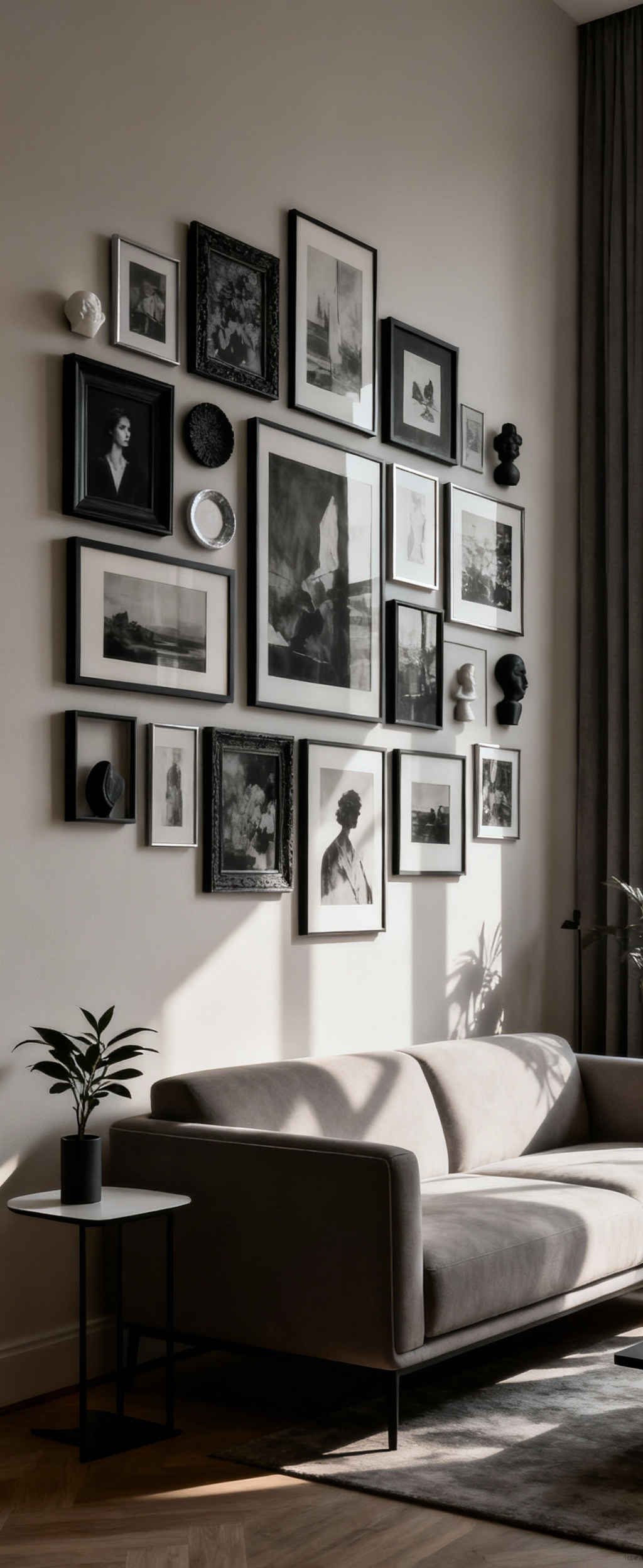 Stylish apartment living room gallery wall with various framed art, black and white photos, and small sculptures in a cohesive arrangement, maximizing vertical space.