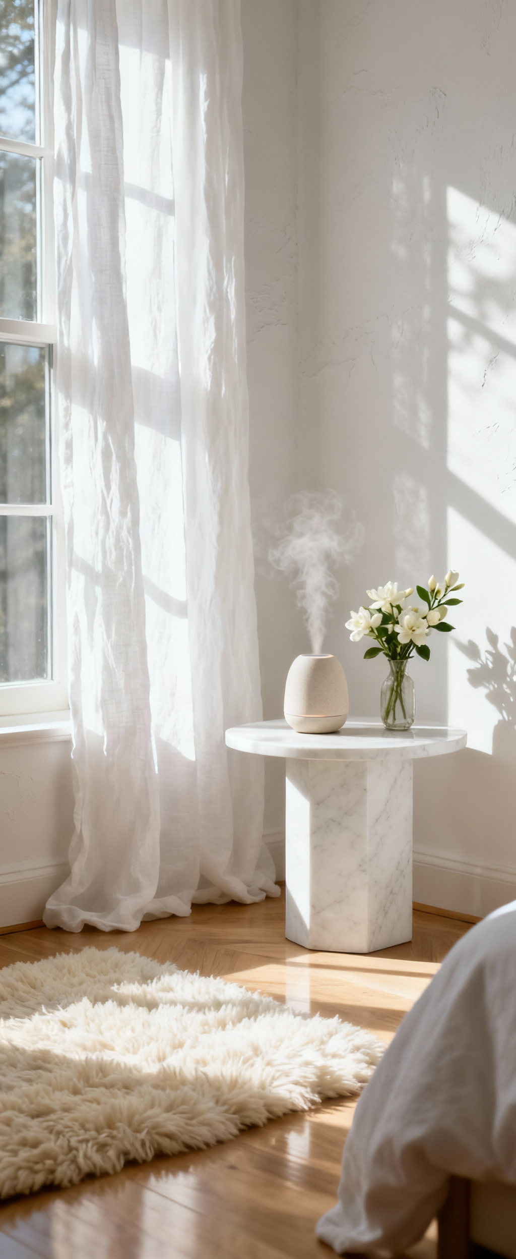 A serene white bedroom corner featuring a ceramic diffuser on a marble table, a wool rug, and linen drapes, highlighting sensory design for white spaces.
