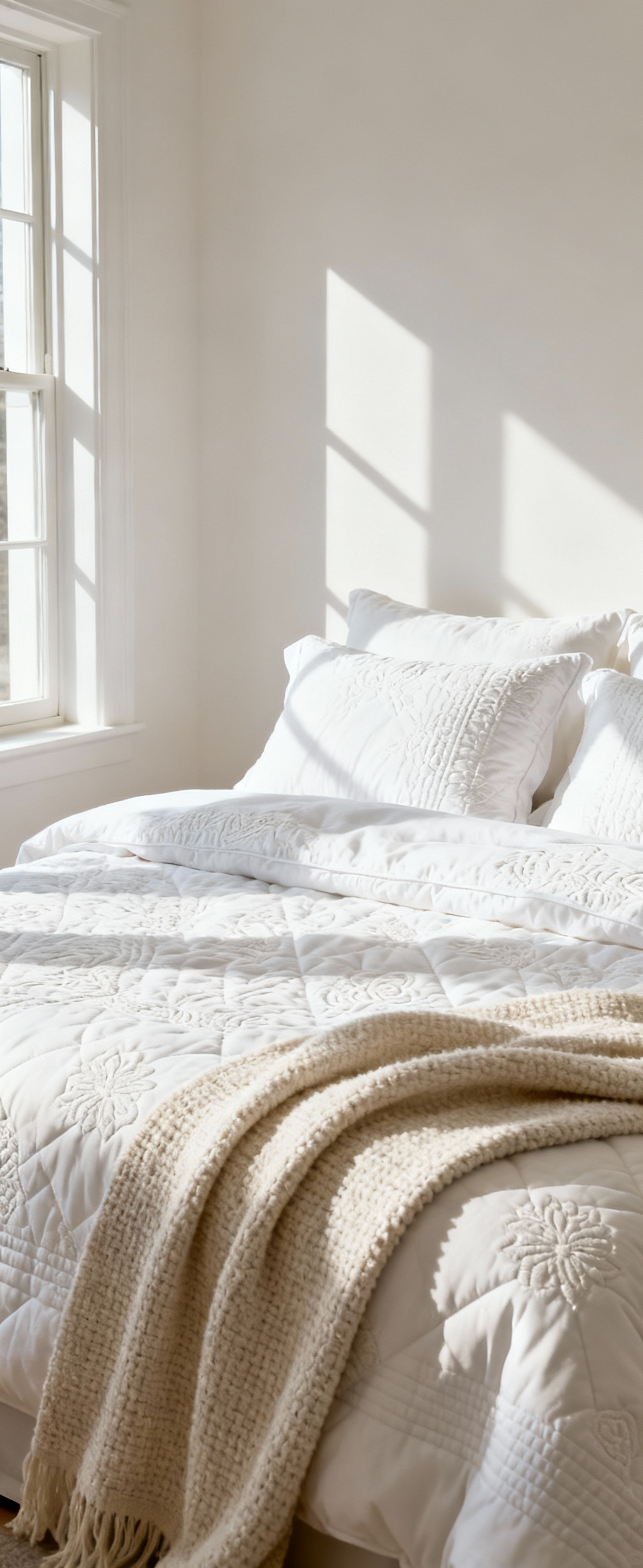 A luxurious white bedroom featuring a bed with layered embossed textiles, showing subtle jacquard and matelassé patterns. Natural light creates soft shadows that highlight the fabric's dimensional topography, adding depth and sophistication to the pristine white space.