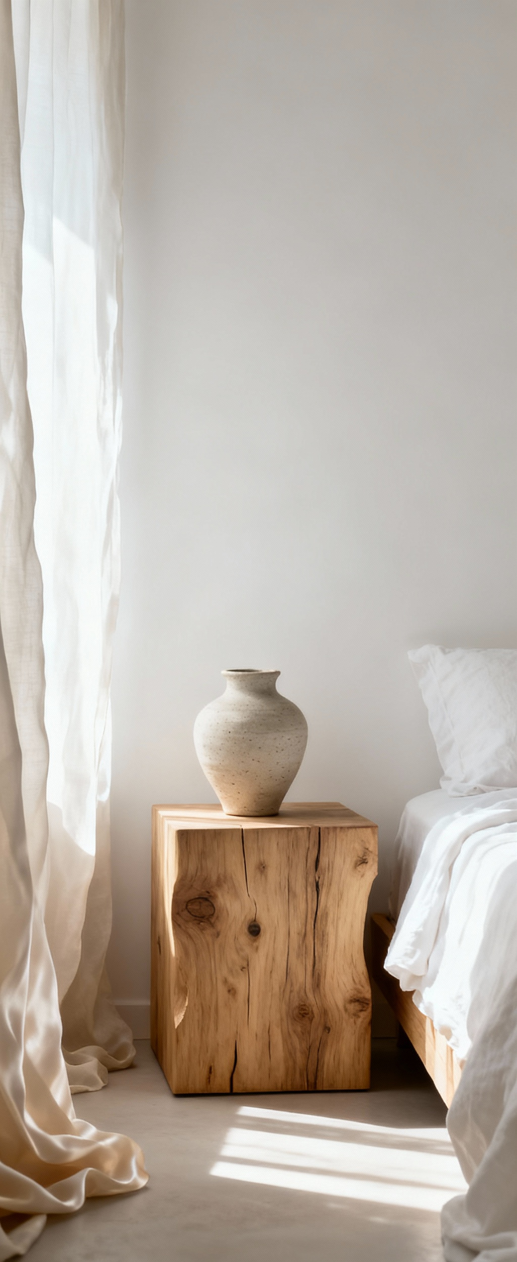 White bedroom featuring a bleached oak nightstand, a hand-thrown ceramic vase, and raw silk drapes, showcasing organic irregularities and natural textures under soft daylight.