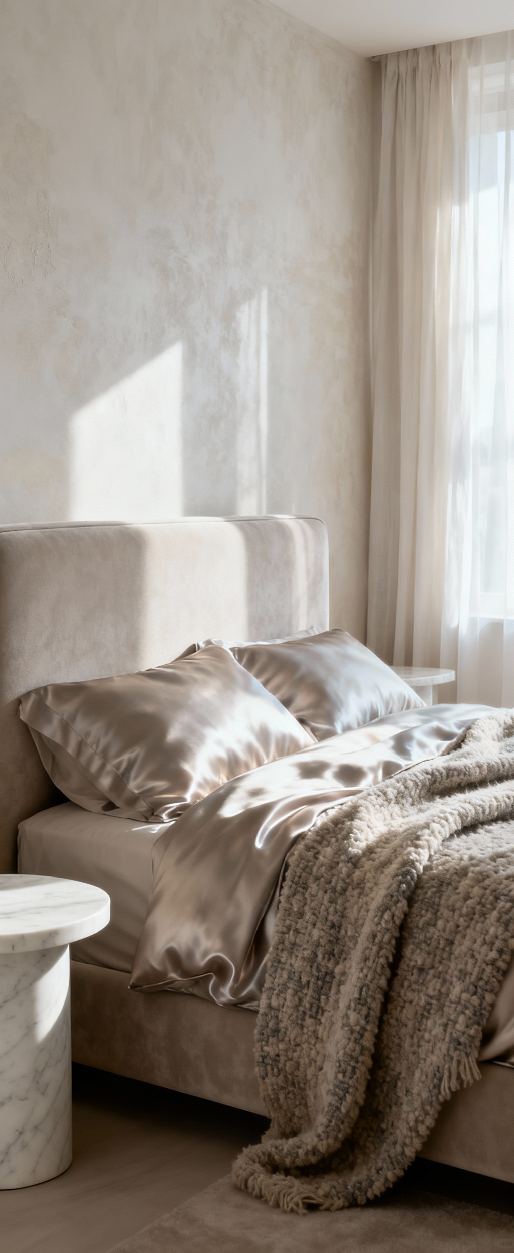 A serene white bedroom showcasing near-white stratification with layered textures including matte linen, lustrous silk, honed marble, and soft bouclé, creating depth and warmth under soft ambient lighting.