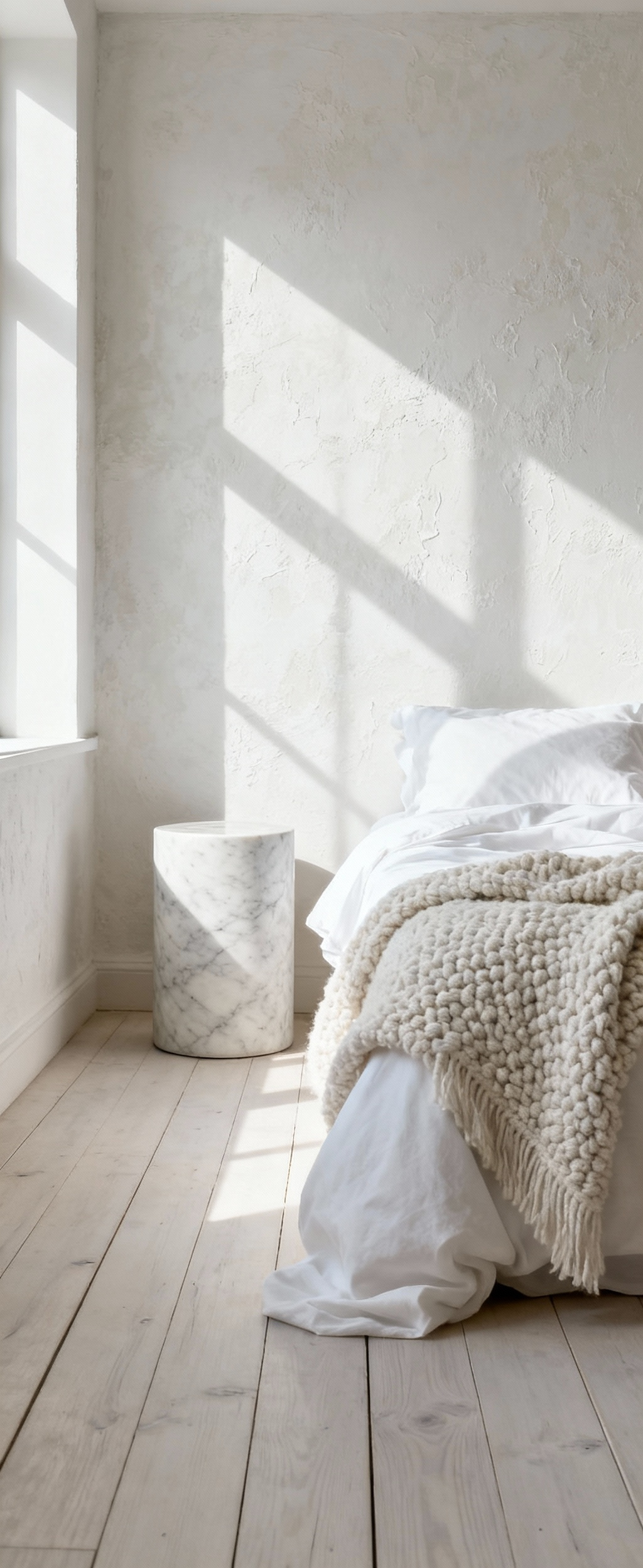A serene white bedroom corner featuring layered artisanal textures including limewash wall, bleached oak floor, linen bedding, bouclé throw, and a marble side table, highlighting tactile richness and depth.