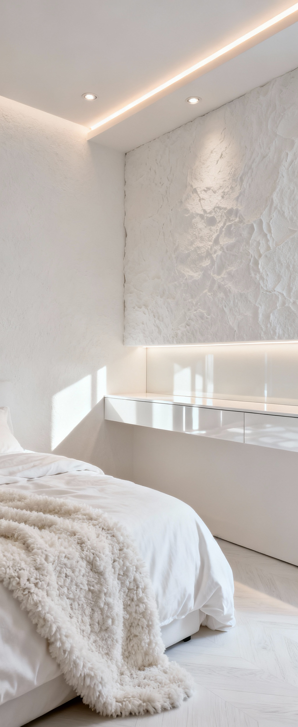 A serene white bedroom featuring layered lighting, showcasing how natural light and warm artificial light interact with diverse white textures like matte plaster, glossy lacquer, and bouclé fabrics to create depth and warmth.