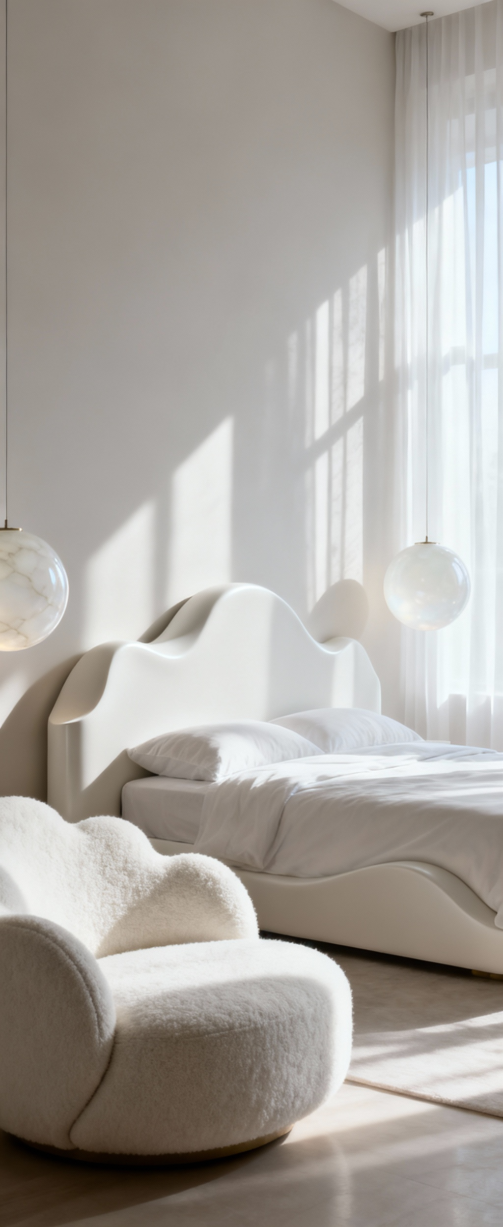 Elegant white bedroom with a sculptural wave-like headboard, spherical opal glass pendants, and a curved bouclé chaise lounge, featuring biomorphic accents and alabaster elements for a soft, serene aesthetic.
