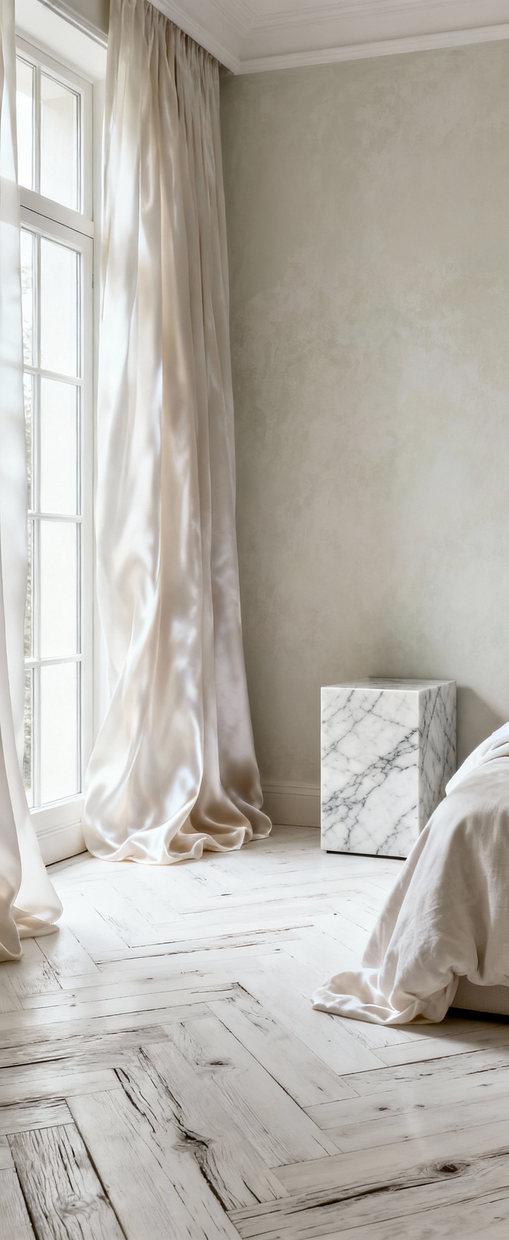 Sophisticated white bedroom with white-washed reclaimed oak flooring, raw silk drapes, limewash walls, and a honed Carrera marble nightstand, showcasing durable material selections and a rich textural palette for perceptual resilience.