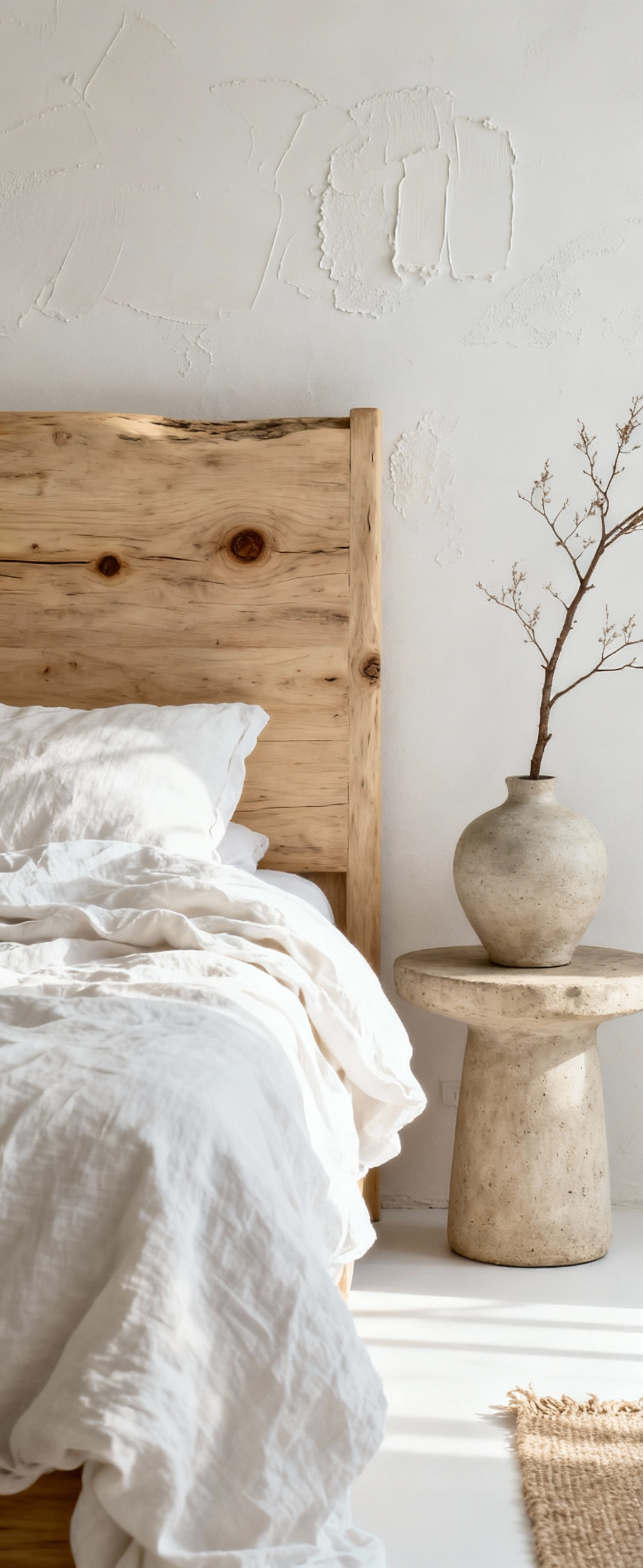 Wabi-sabi white bedroom with raw oak headboard, linen bedding, ceramic vase, and micro-cement walls, showcasing natural textures and intentional imperfections.