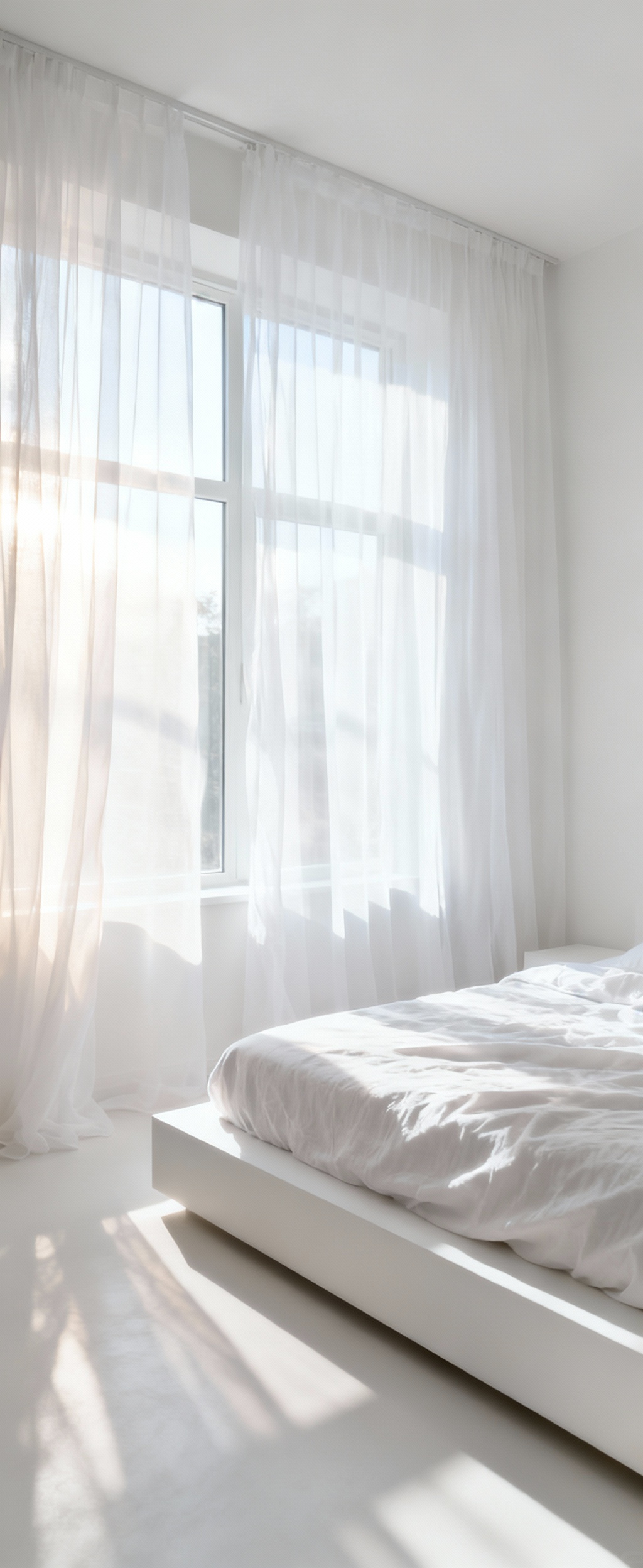 Serene white bedroom featuring gracefully draped sheer curtains that diffuse natural light, creating a soft, luminescent ambiance and enhancing the room's kinetic aesthetic.