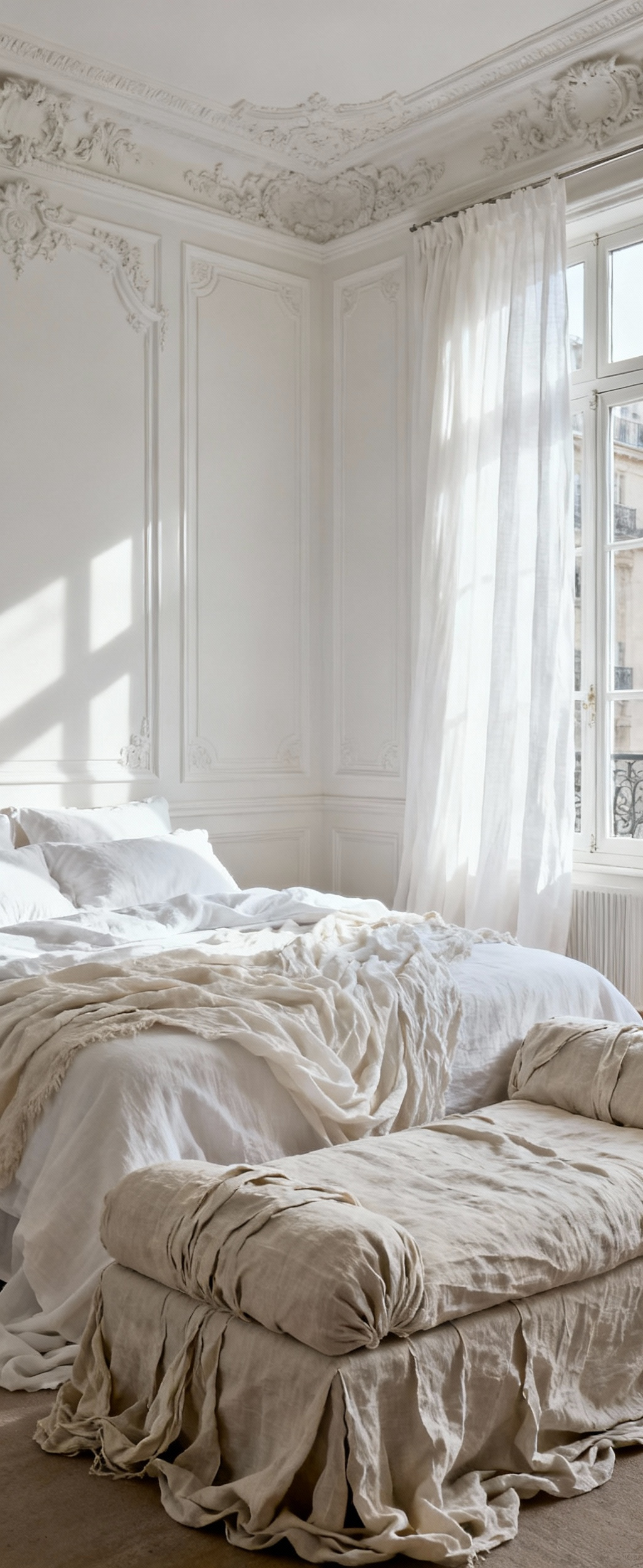 Luxurious white Parisian bedroom featuring ornate boiserie walls, plaster moldings, and layered pristine linen bedding and drapes in soft, natural light.