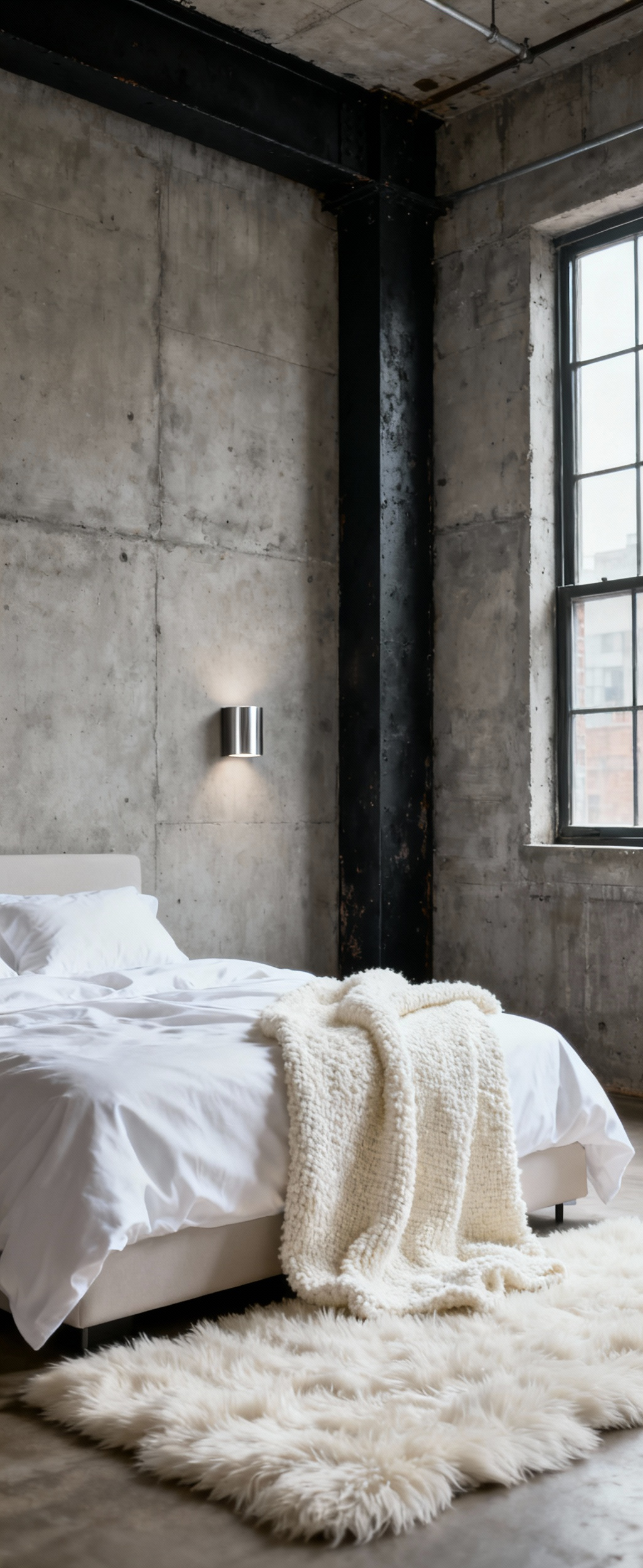 Portrait view of an industrial white bedroom featuring a raw concrete wall, exposed steel beam, and a bed draped in velvety white bouclé fabrics and cotton sateen, with a brushed aluminum sconce.