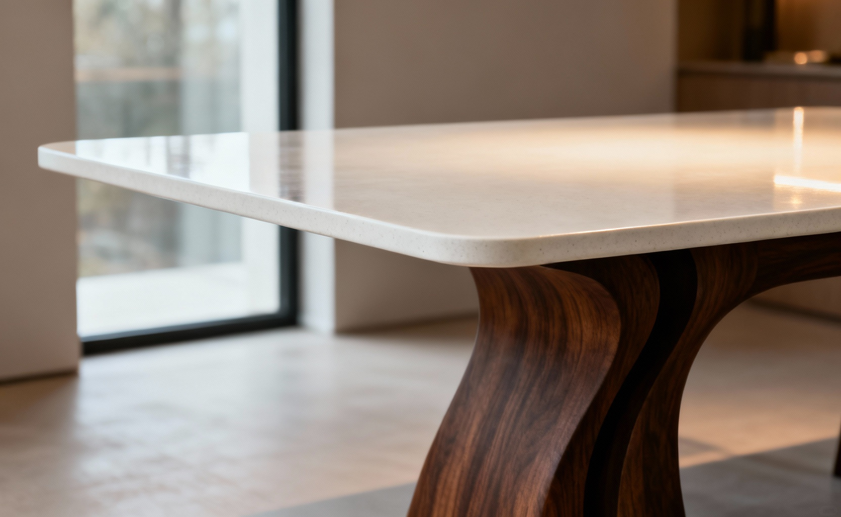 Modern dining table with a walnut base and UHPC top, showcasing ergonomic design and sophisticated material juxtaposition in a minimalist setting. Focus on experiential design.
