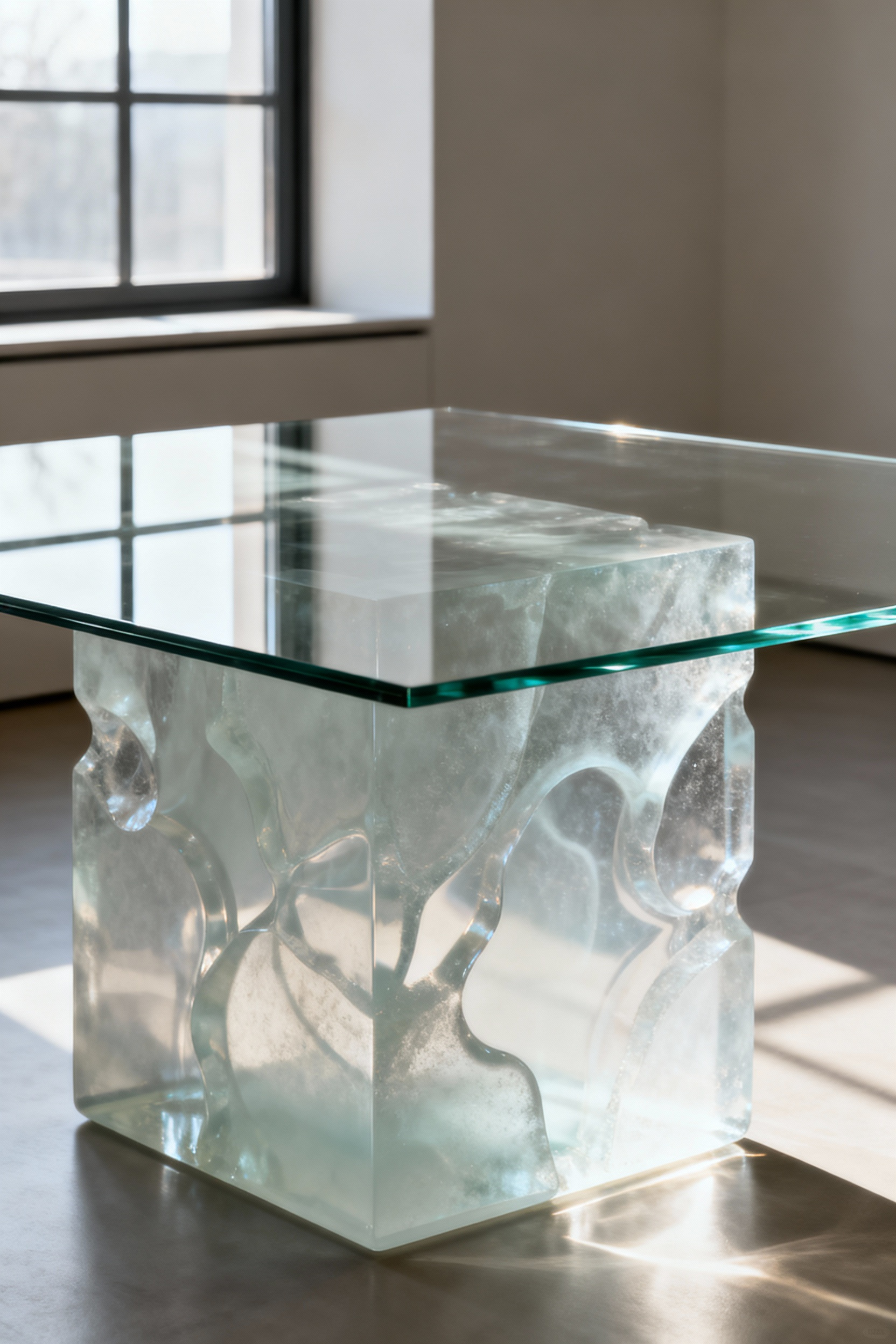A modern glass and resin dining table in a minimalist setting, showcasing the interplay of light and transparent surfaces against a substantial resin base. High-end contemporary furniture design.