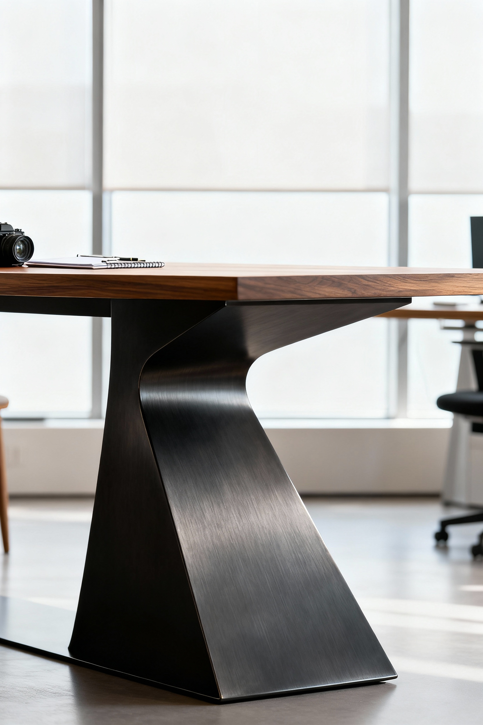 A modern dining table featuring a sculptural, central pedestal leg, highlighting innovative and intentional leg placement design in a minimalist contemporary setting.