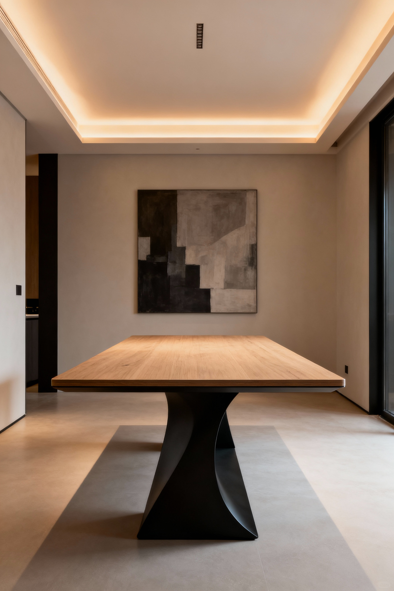 Contemporary dining table with a wooden top and a matte black metal base, perfectly scaled to its neutral-toned dining room, demonstrating balanced proportions and optimal spatial flow.