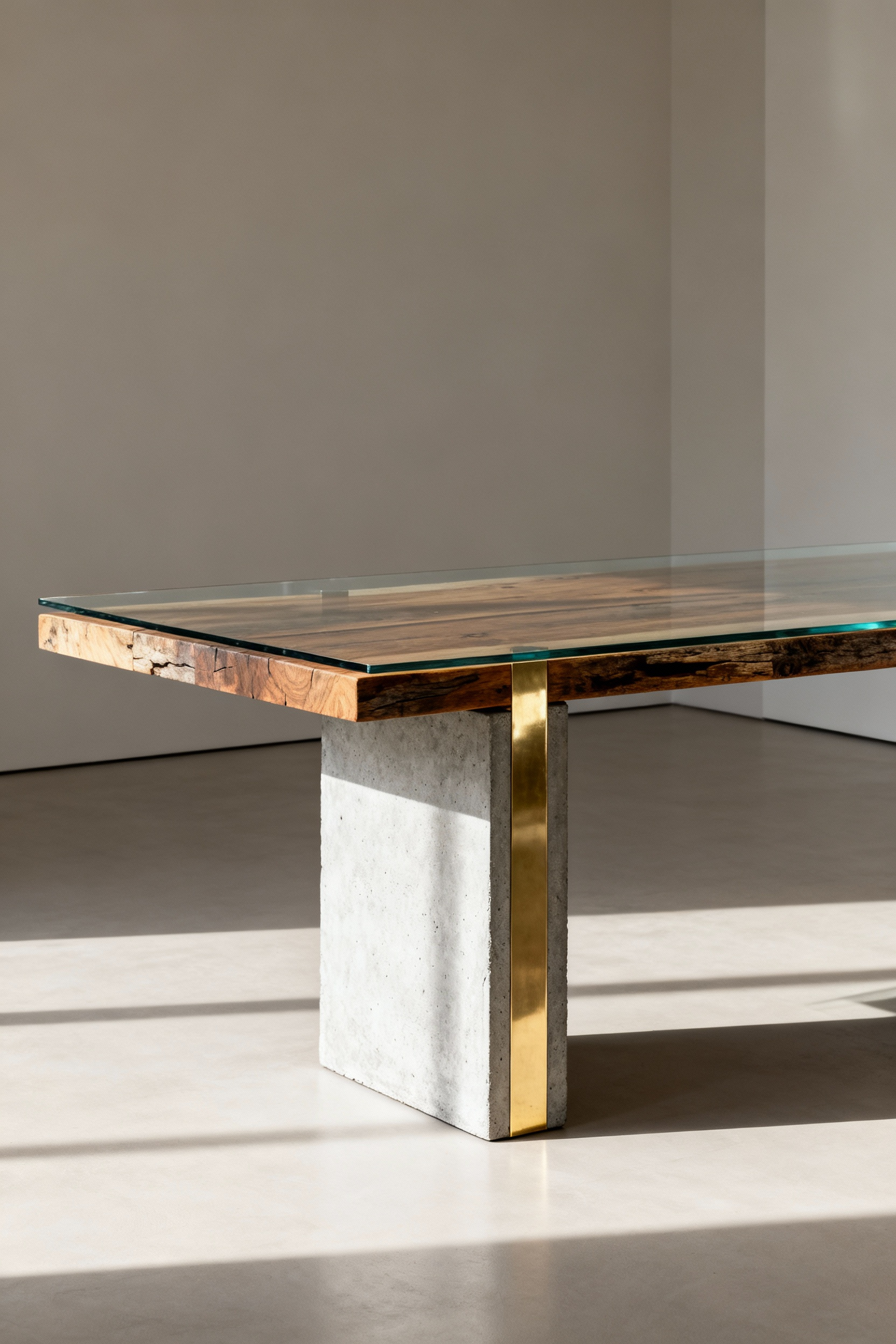 Contemporary dining table with concrete, brass, wood, and glass elements showcasing material juxtaposition in a modern dining room setting.