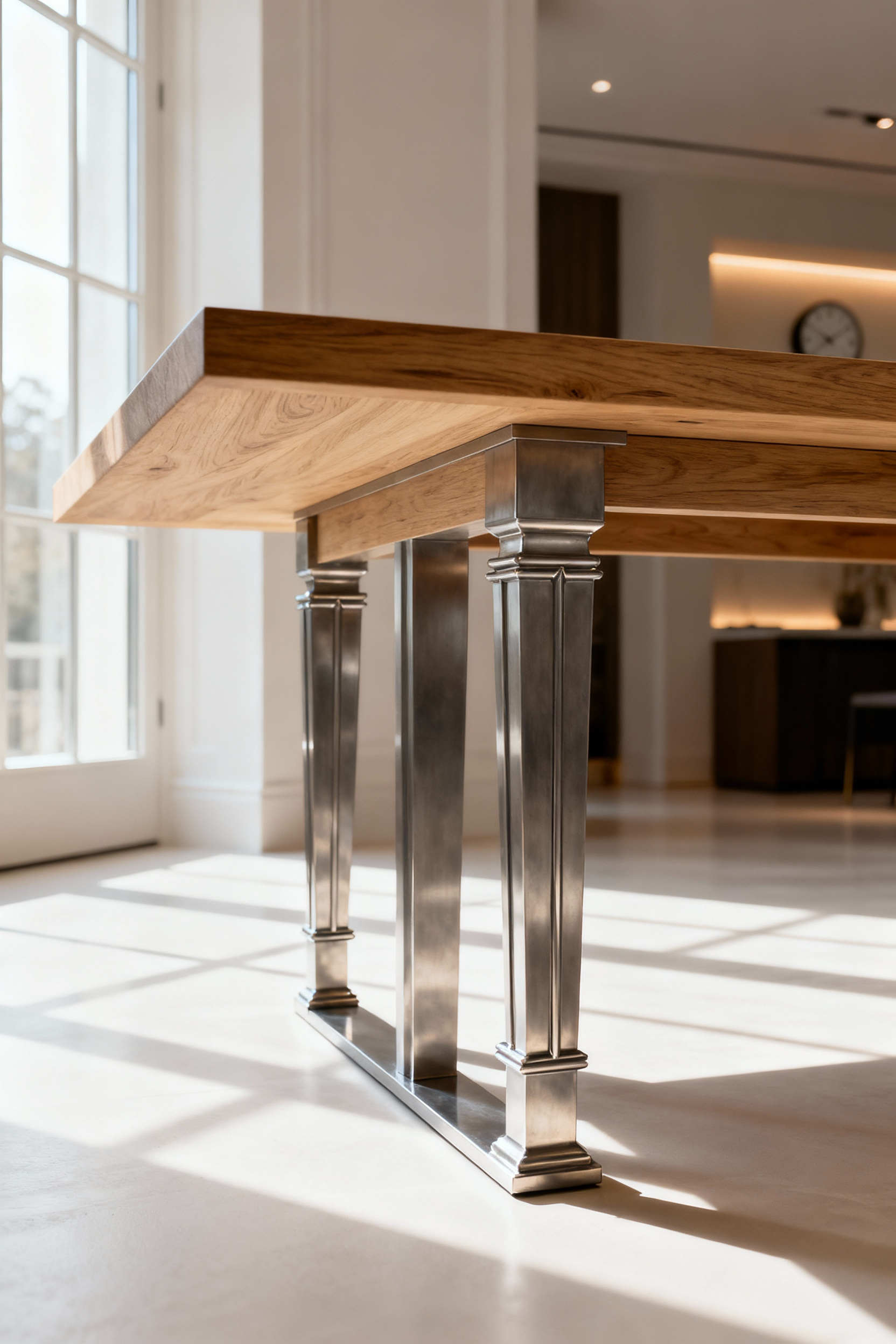 A contemporary dining table made of thick solid white oak with strong metal legs, showcasing superior joinery and a timeless design in a naturally lit, sophisticated interior, emphasizing durability and legacy.