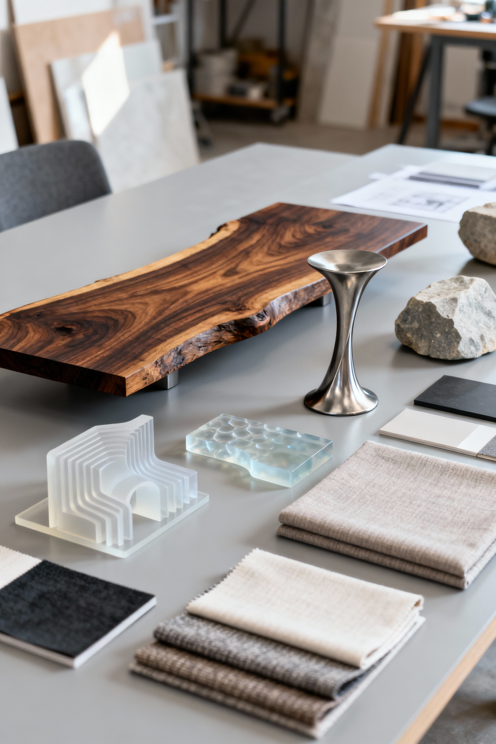 A studio shot showcasing various elements of bespoke dining table design, including unique wood samples, metal prototypes, composite materials, and design models, representing the iterative creation process.