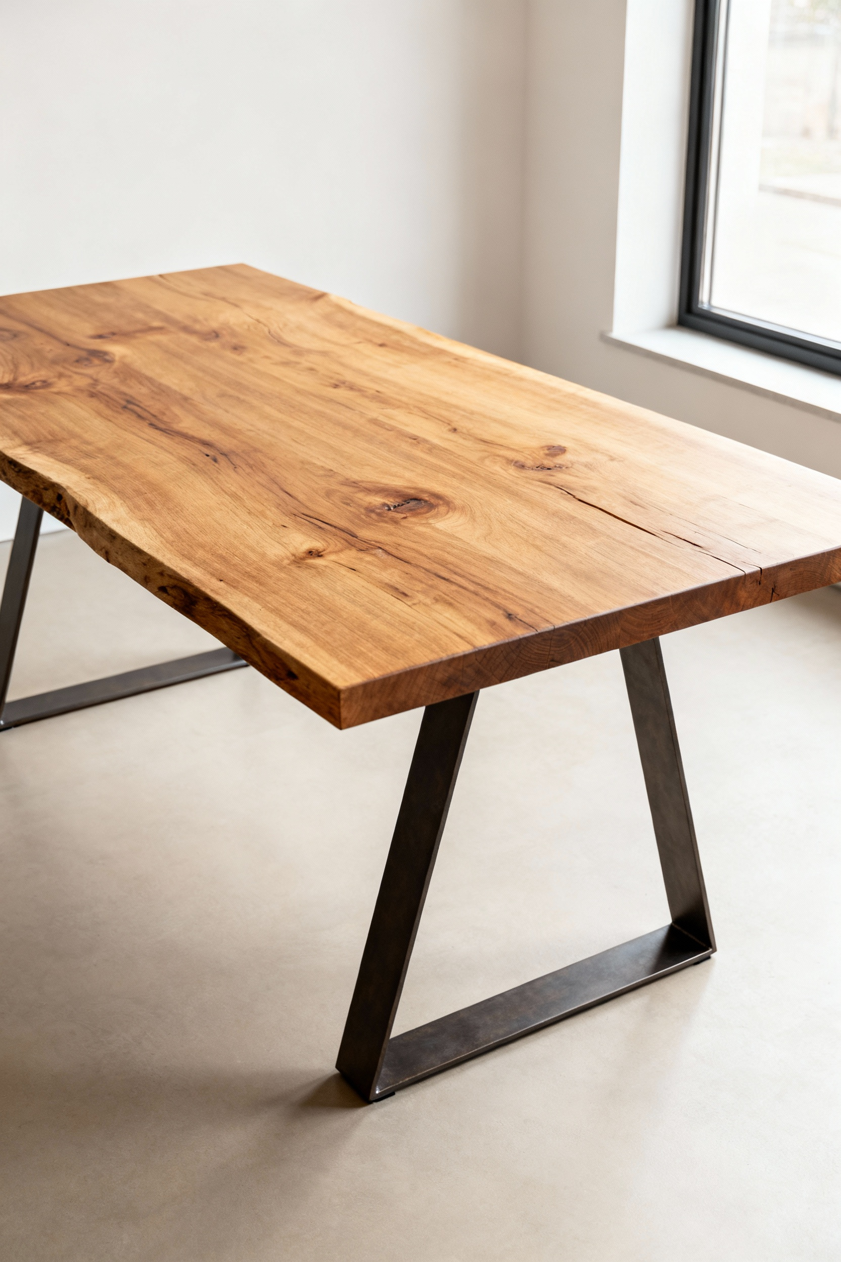 Portrait photo of a modern dining table with solid oak top and dark steel legs, showcasing natural materials and design integrity.
