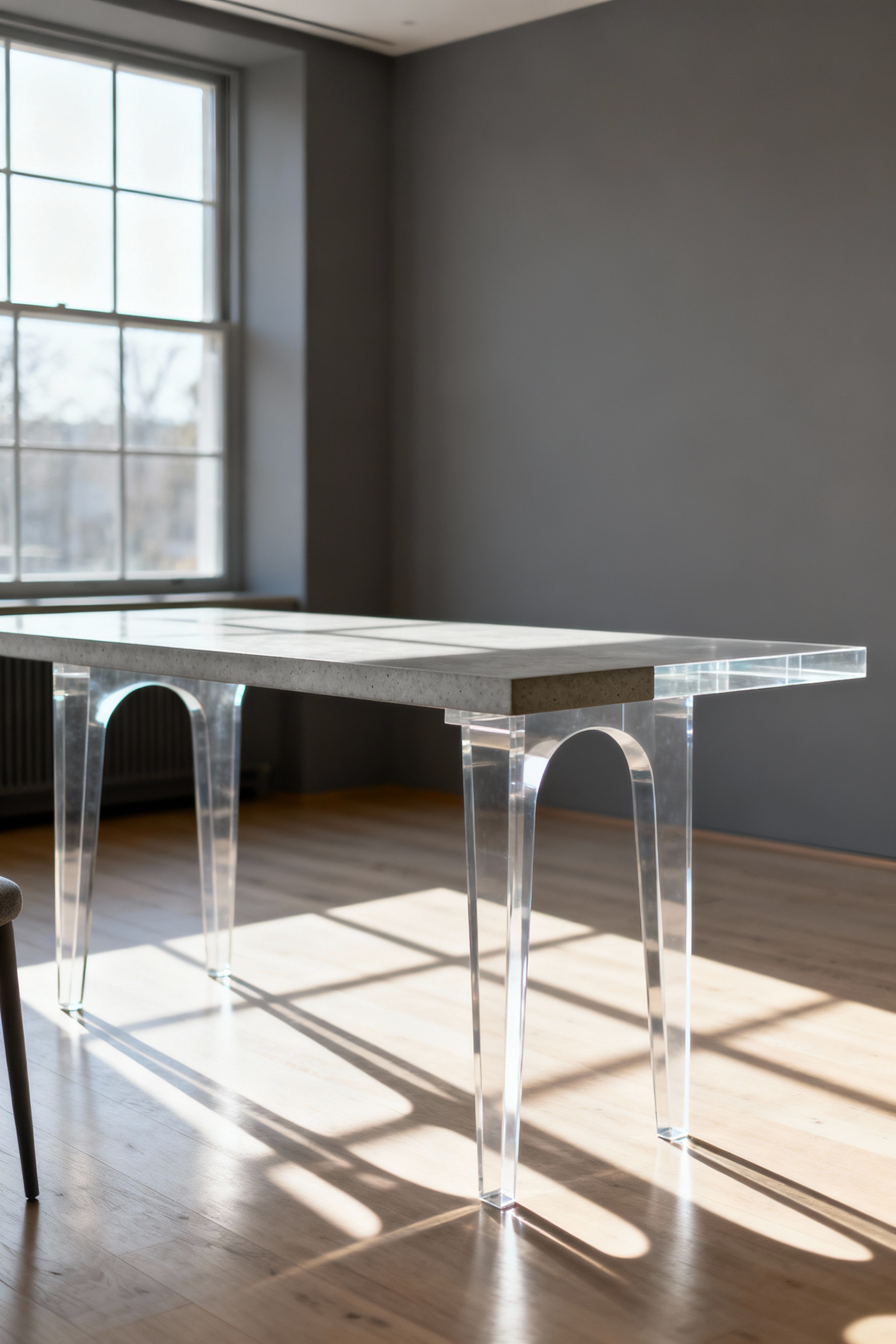 A minimalist contemporary dining table demonstrating effective use of negative space in design, featuring slender lines, translucent materials, and striking light play. No people present.
