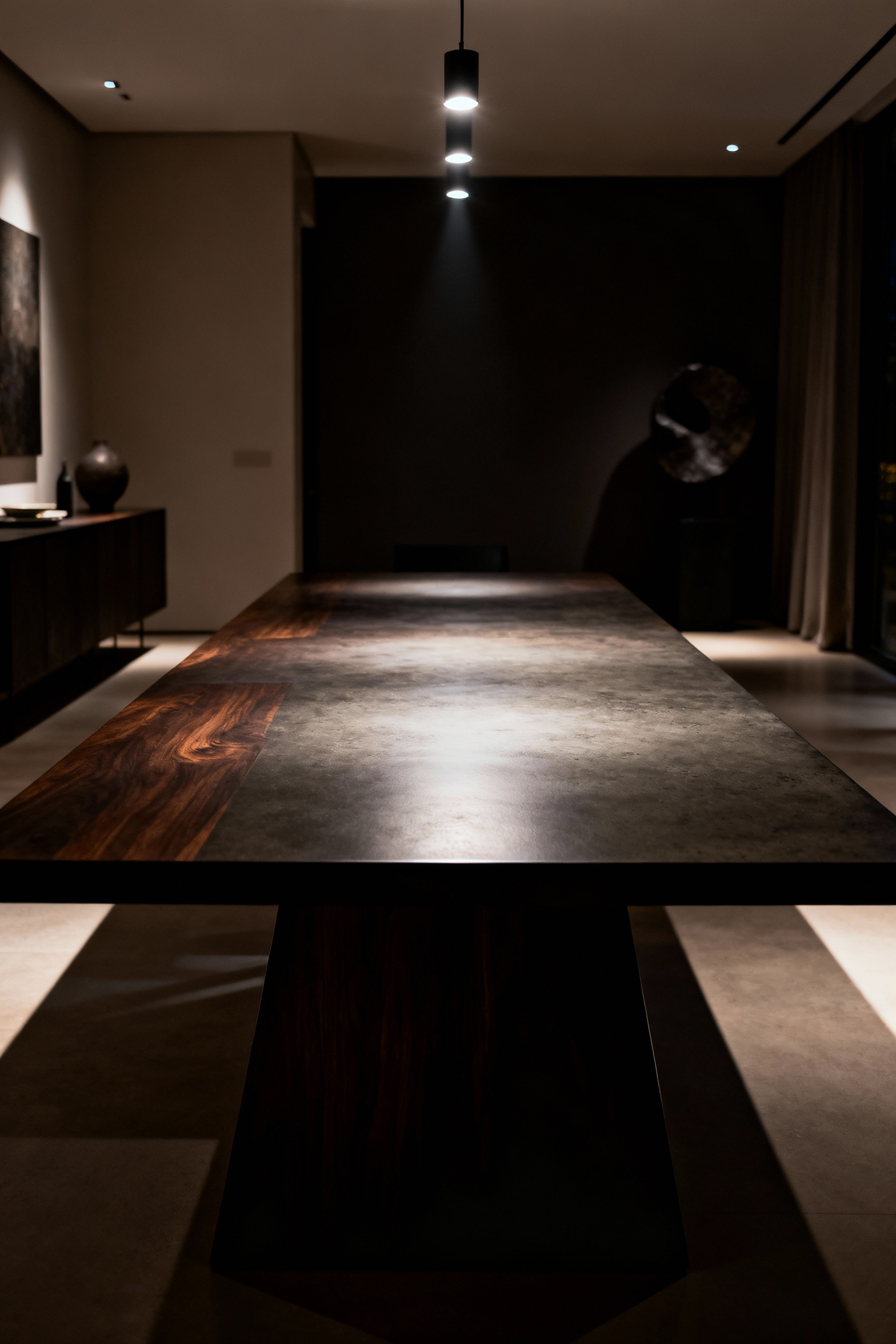 A beautifully lit contemporary dining table, showcasing strategic lighting enhancing its presence, professional photo, no people, modern design.
