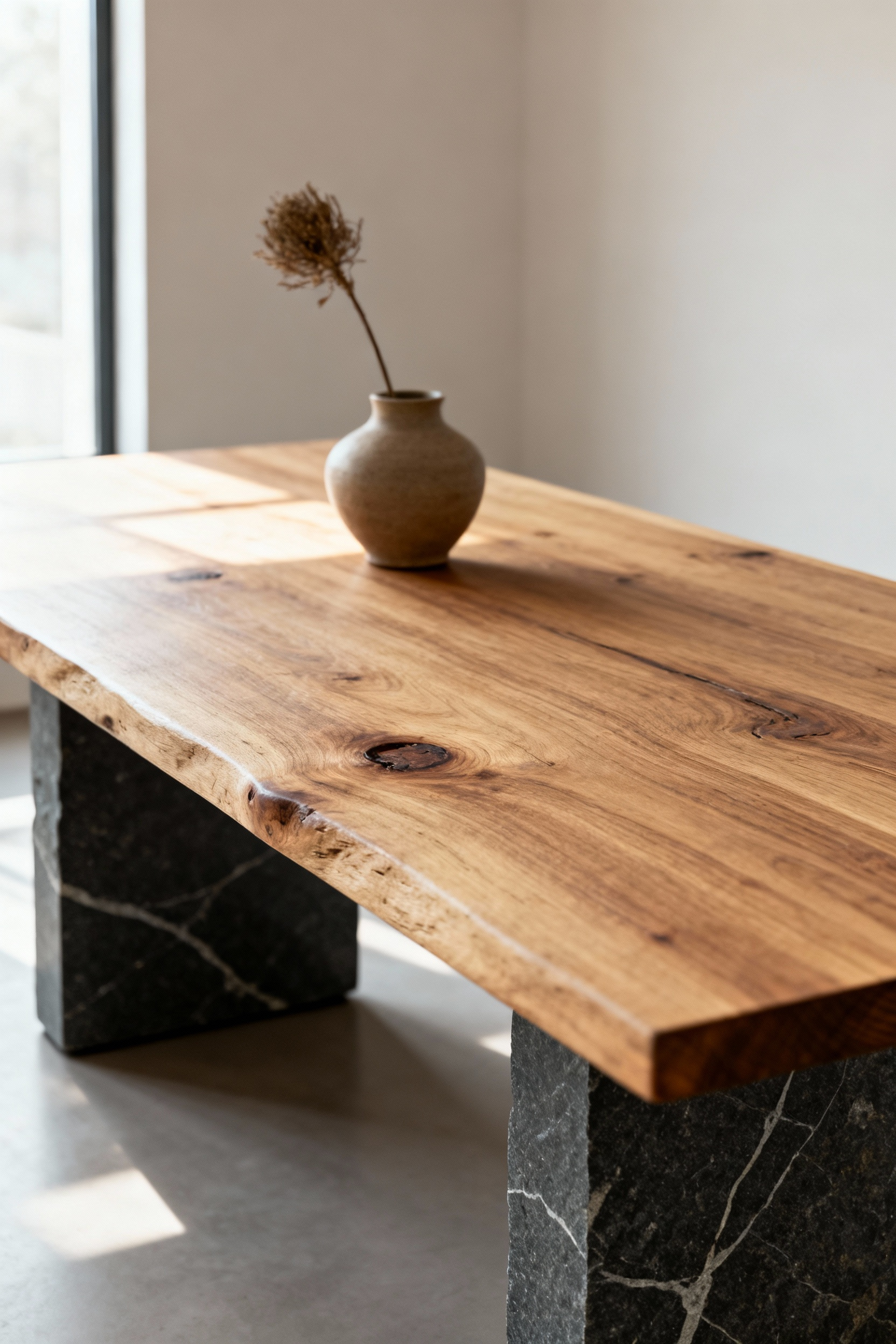 Contemporary Wabi-Sabi dining table with solid oak top, natural grain, subtle imperfections, honed slate legs, minimalist ceramic vase, showing natural patina and texture under soft diffused light.