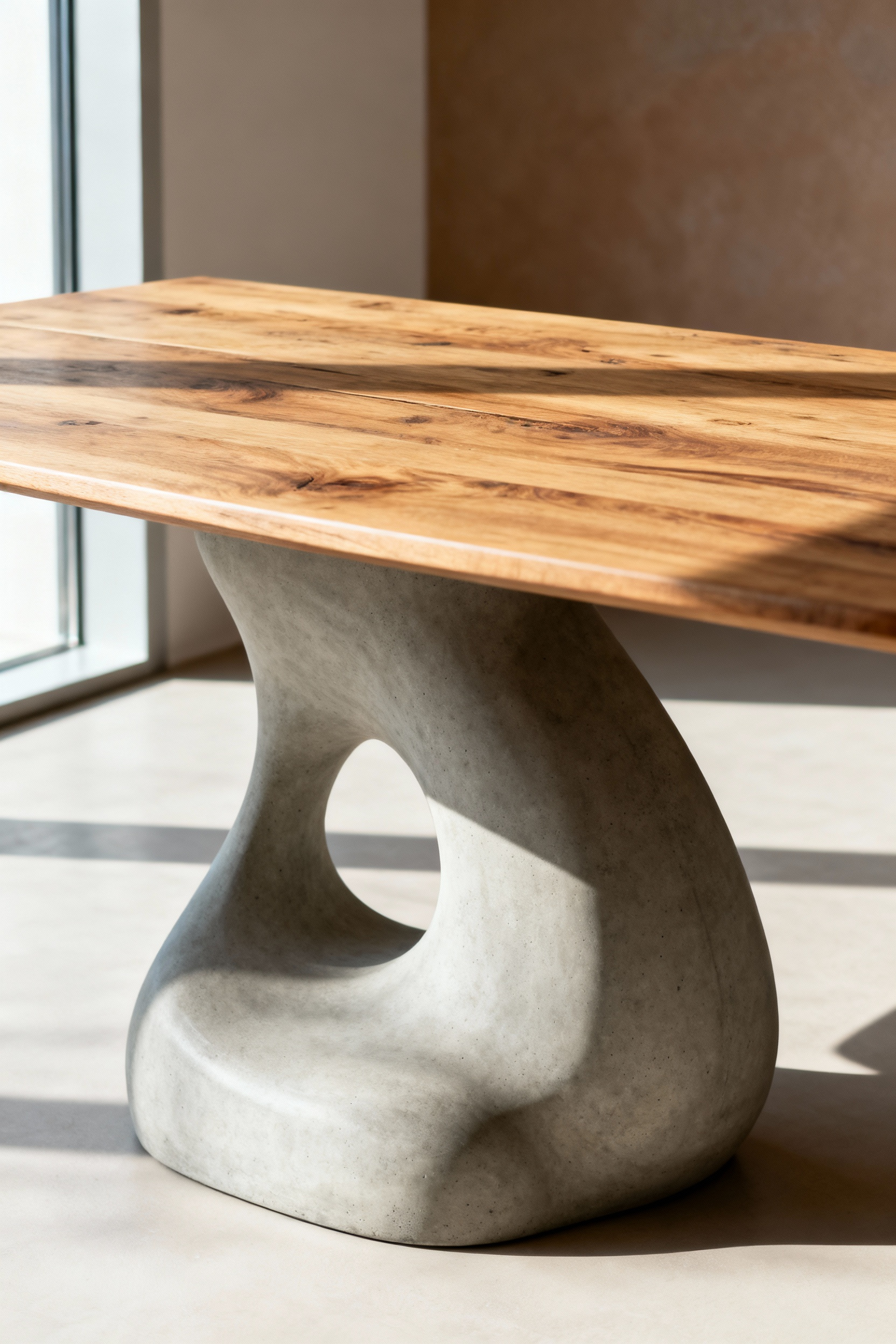 Contemporary dining table with a sculptural concrete base and a reclaimed oak top, designed for post-modern ergonomics and human-centric interaction, under soft natural light.