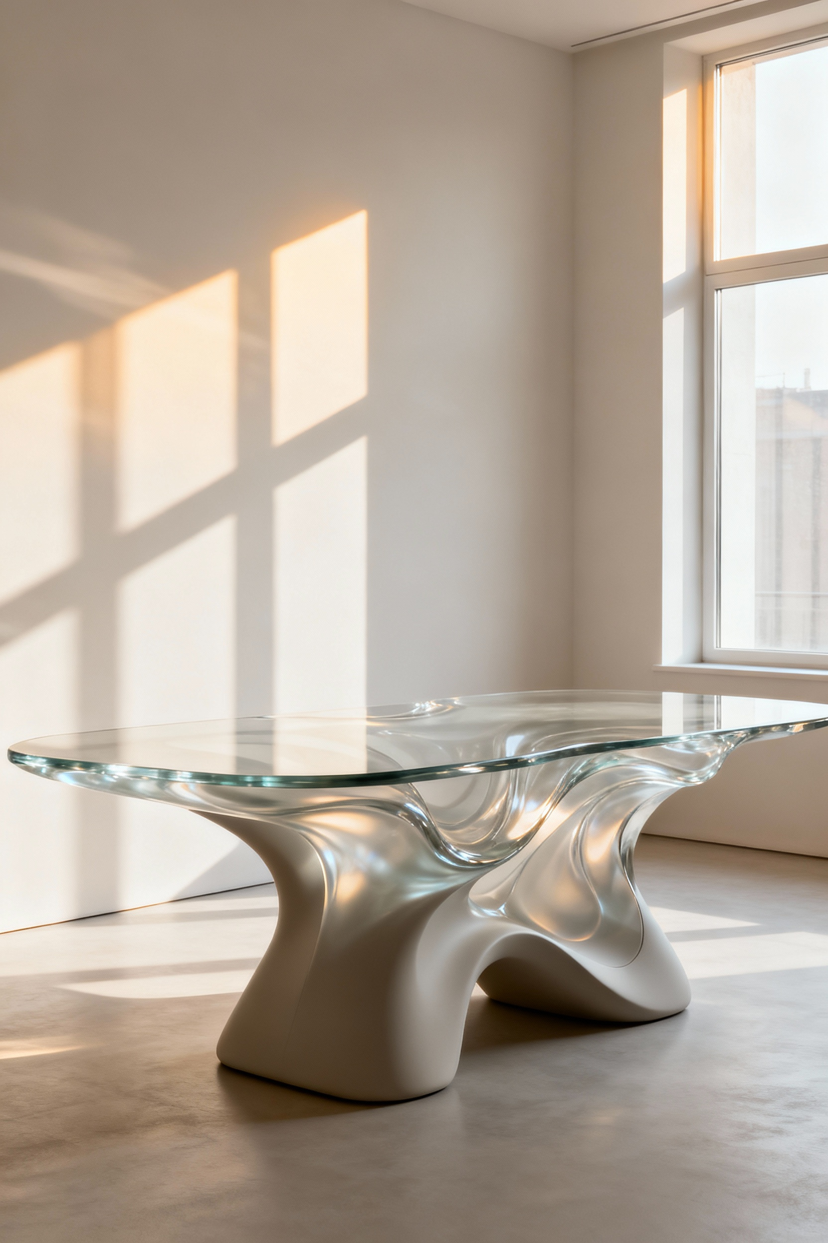 A stunning contemporary dining table with a biomorphic, fluid design, made of a translucent top and a sculptural base, set in a minimalist dining room.
