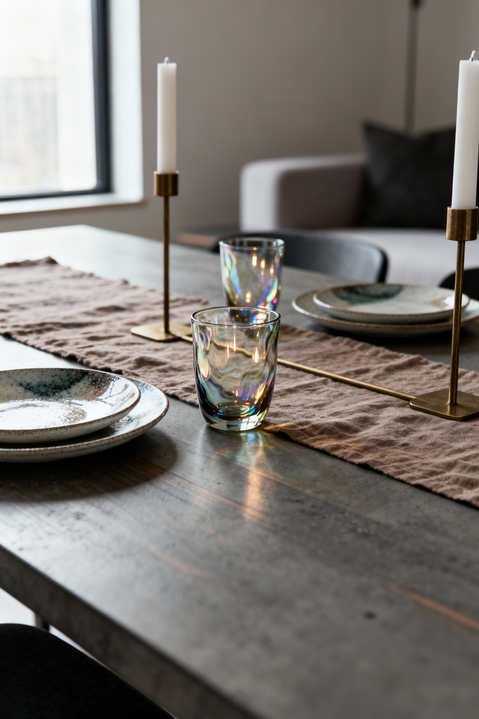 A contemporary dining table elegantly styled with Murano glass tumblers, artisanal ceramic plates, and a brass candelabra, demonstrating the art of tabletop accessory curation.