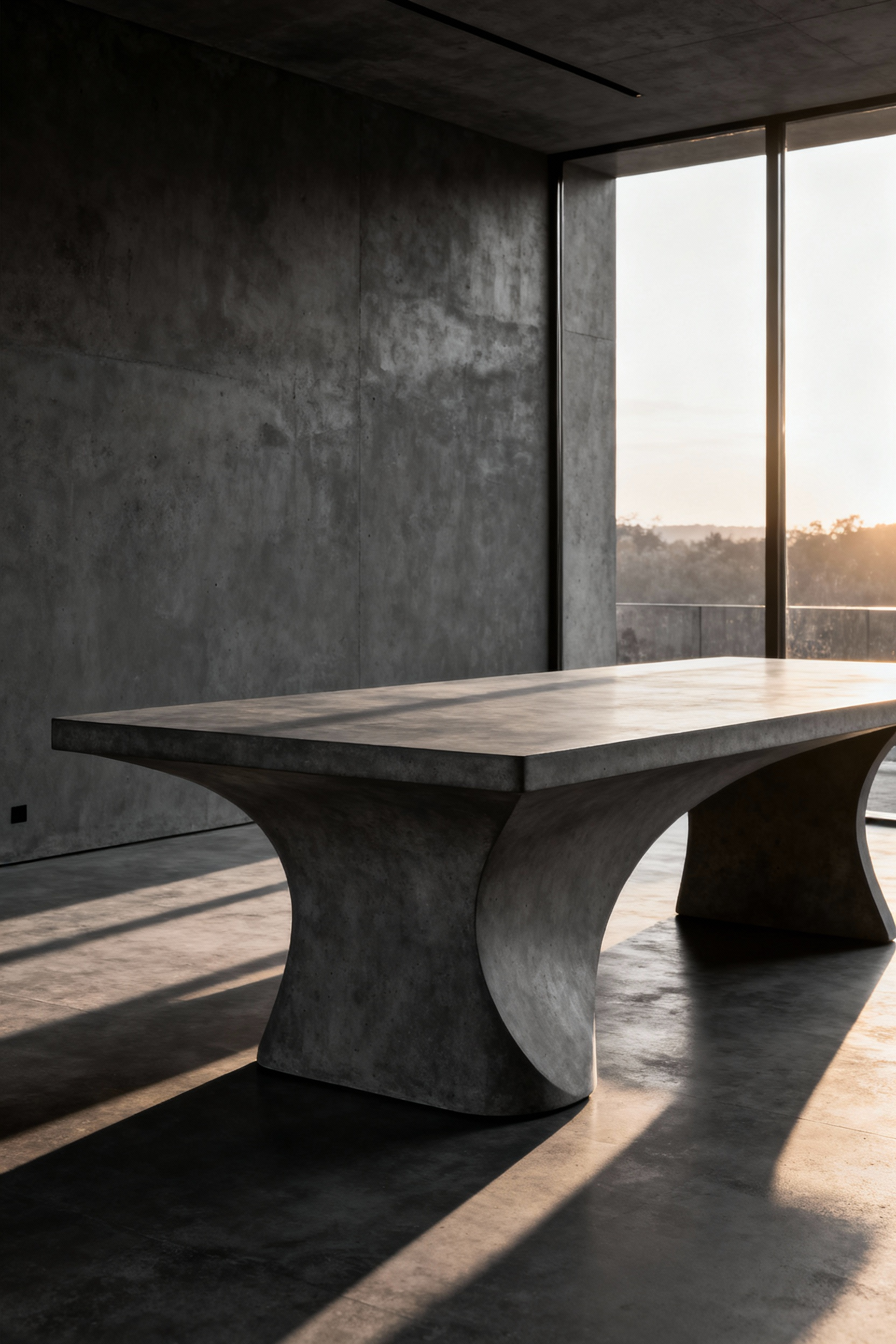 Contemporary dining table with seamless integration, featuring smooth, continuous surfaces crafted from advanced materials like ultra-high-performance concrete, showcasing fabrication precision.