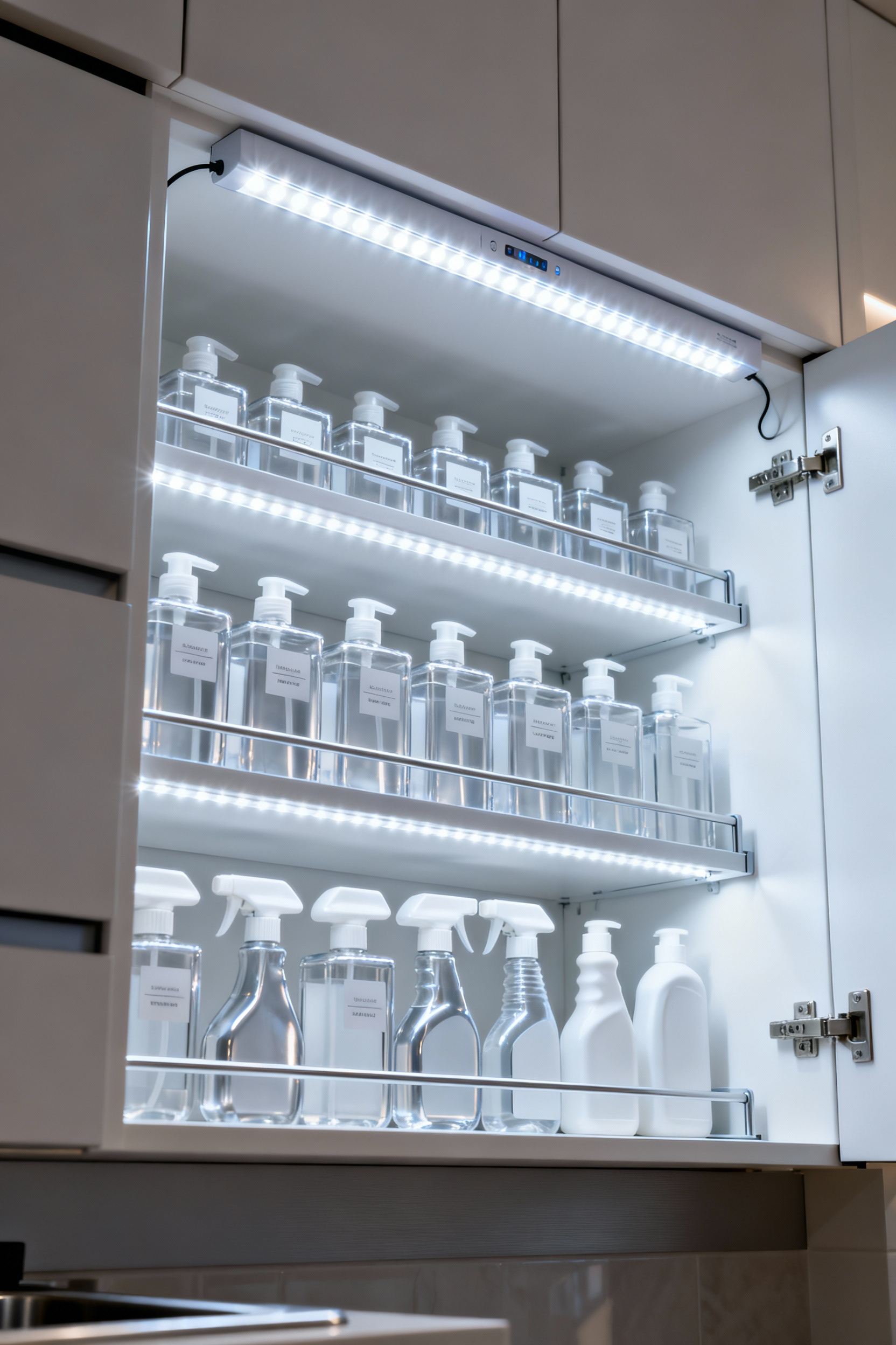 Under-sink cabinet interior with bright motion-sensor LED strip lights illuminating neatly organized cleaning supplies and plumbing, showcasing enhanced visibility.