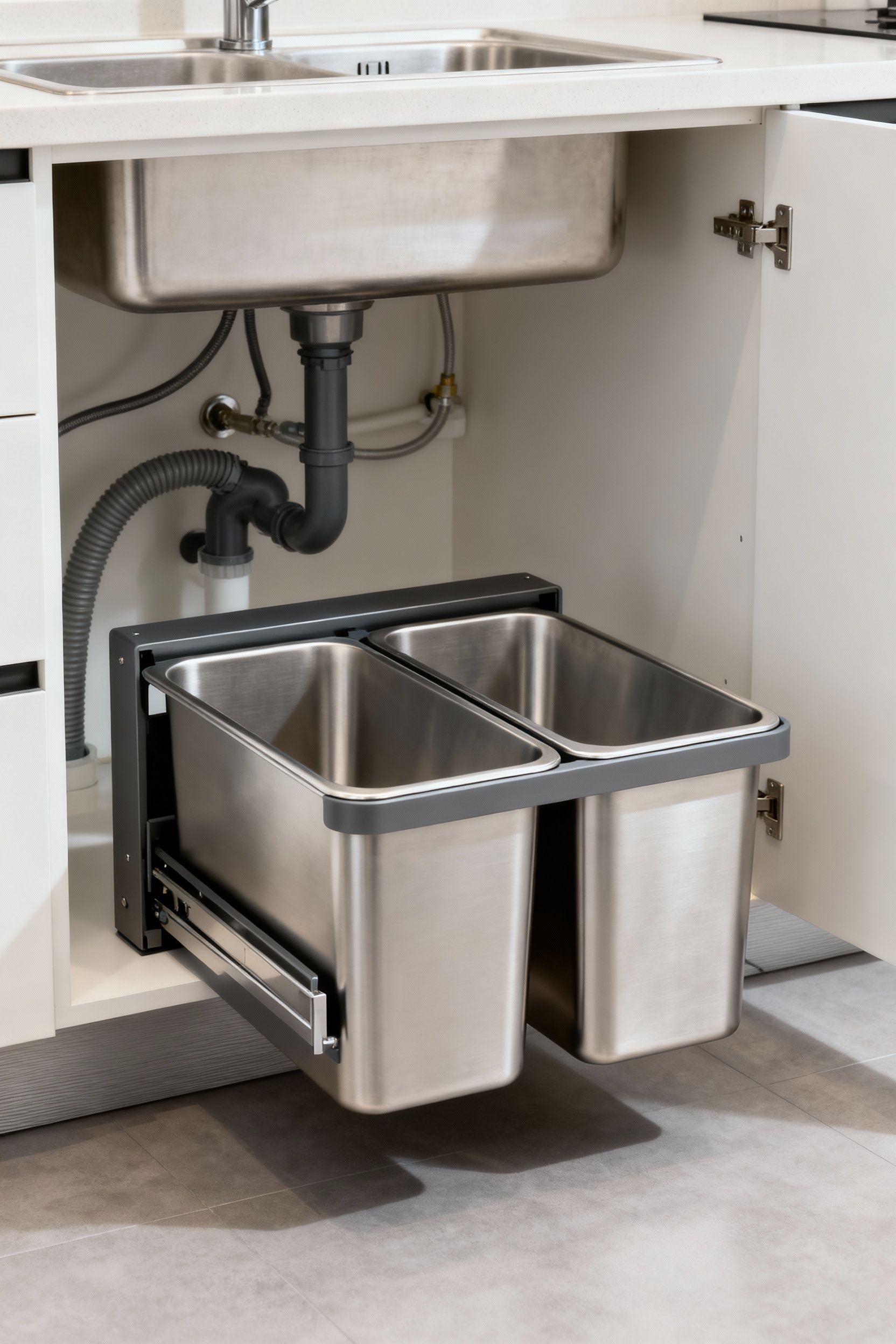 Under-sink cabinet with systematic kitchen waste sorting protocol, featuring a pull-out system with divided bins made of stainless steel for recycling and general trash, showcasing an organized interior.