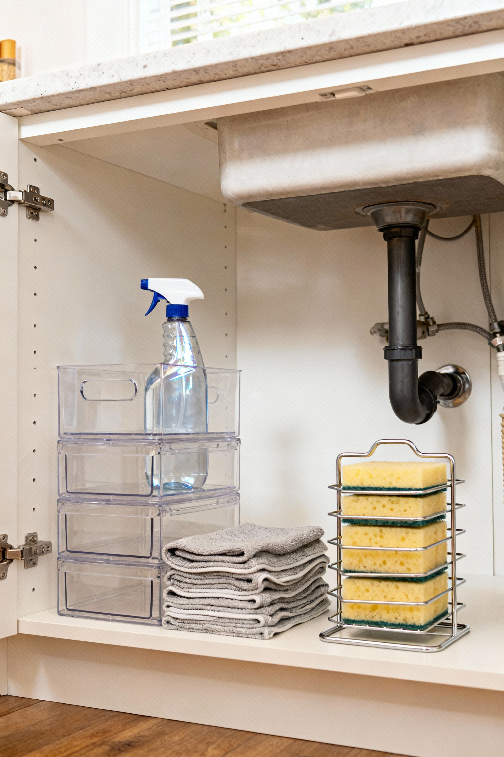 Impeccably organized under-sink kitchen cabinet with clear bins for cleaning supplies, representing the 'One-In-One-Out' policy for decluttering and maintaining order.