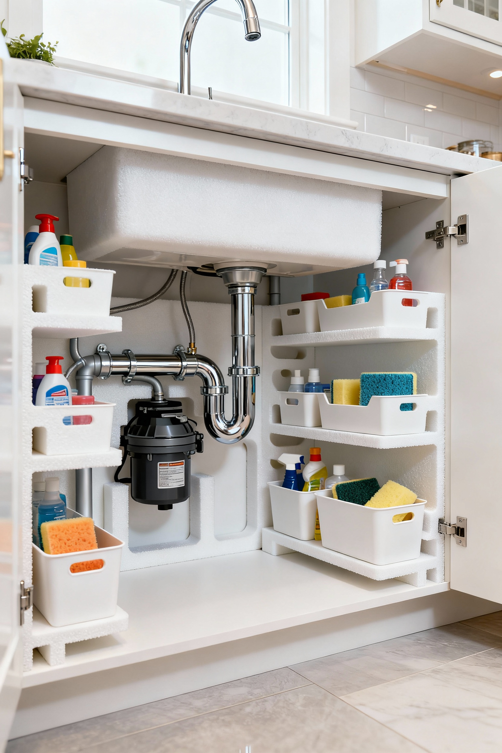 An immaculately organized under-sink cabinet featuring custom-fit, U-shaped white PVC foam board enclosures expertly built around silver kitchen sink plumbing pipes and a garbage disposal, with clear storage bins neatly arranged.