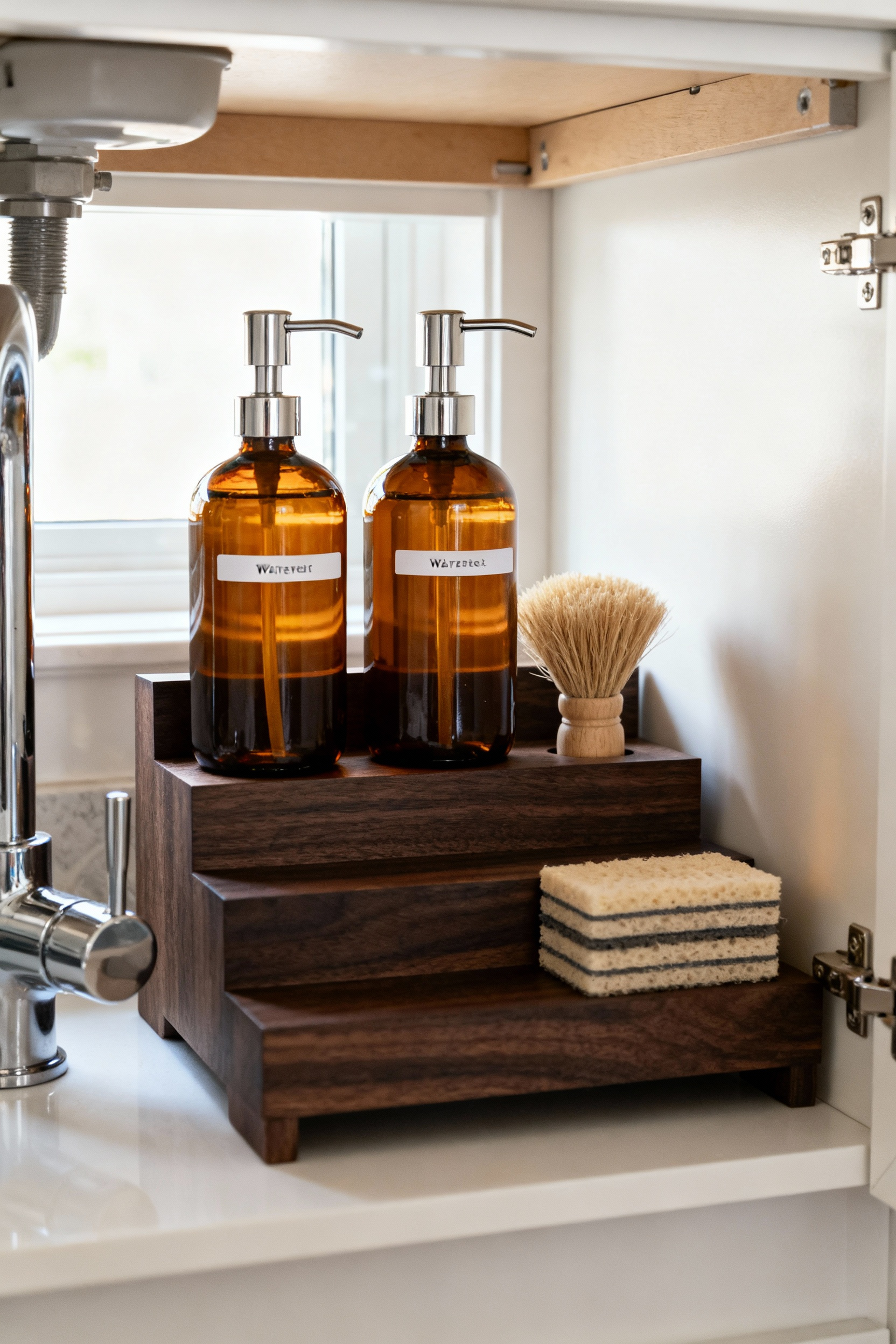 An immaculately organized under-sink cabinet featuring uniformly sized, amber glass cleaning solution dispensers with stainless steel pumps and clear labels, neatly arranged on a tiered shelf. The space looks visually cohesive and tidy.