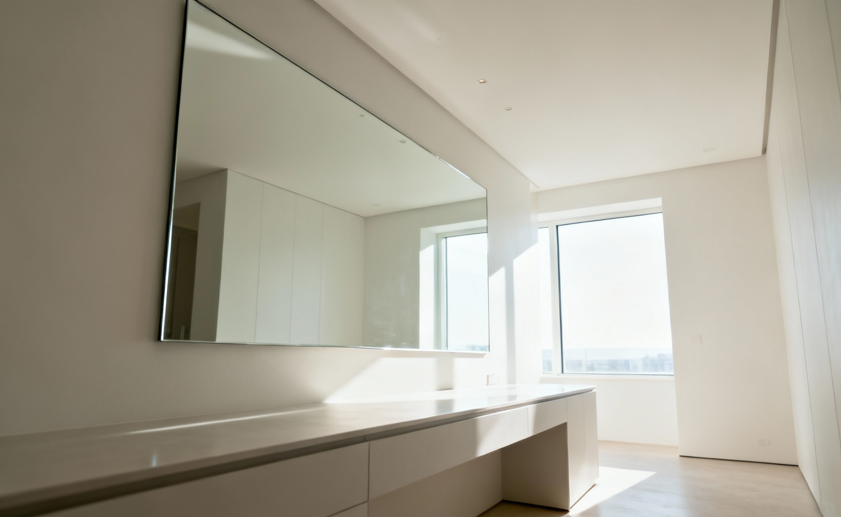 Modern bathroom with a large frameless mirror reflecting natural light, visually expanding the spacious and bright interior.