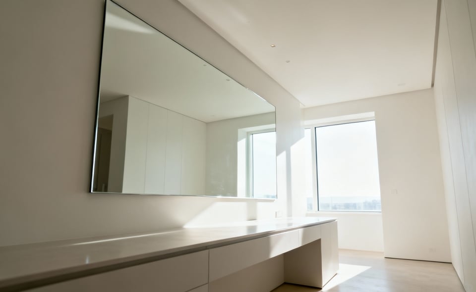 Modern bathroom with a large frameless mirror reflecting natural light, visually expanding the spacious and bright interior.