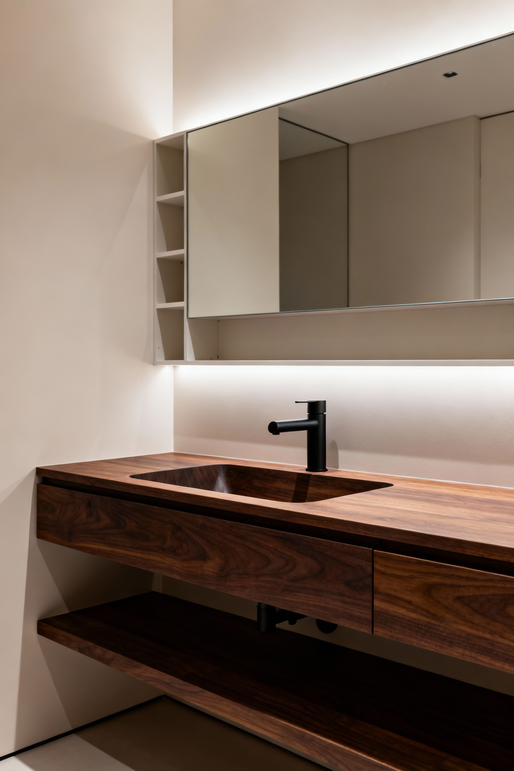 Modern bathroom showcasing a cohesive matte black fixture system with a dark wood floating vanity and integrated recessed storage for a sophisticated look.