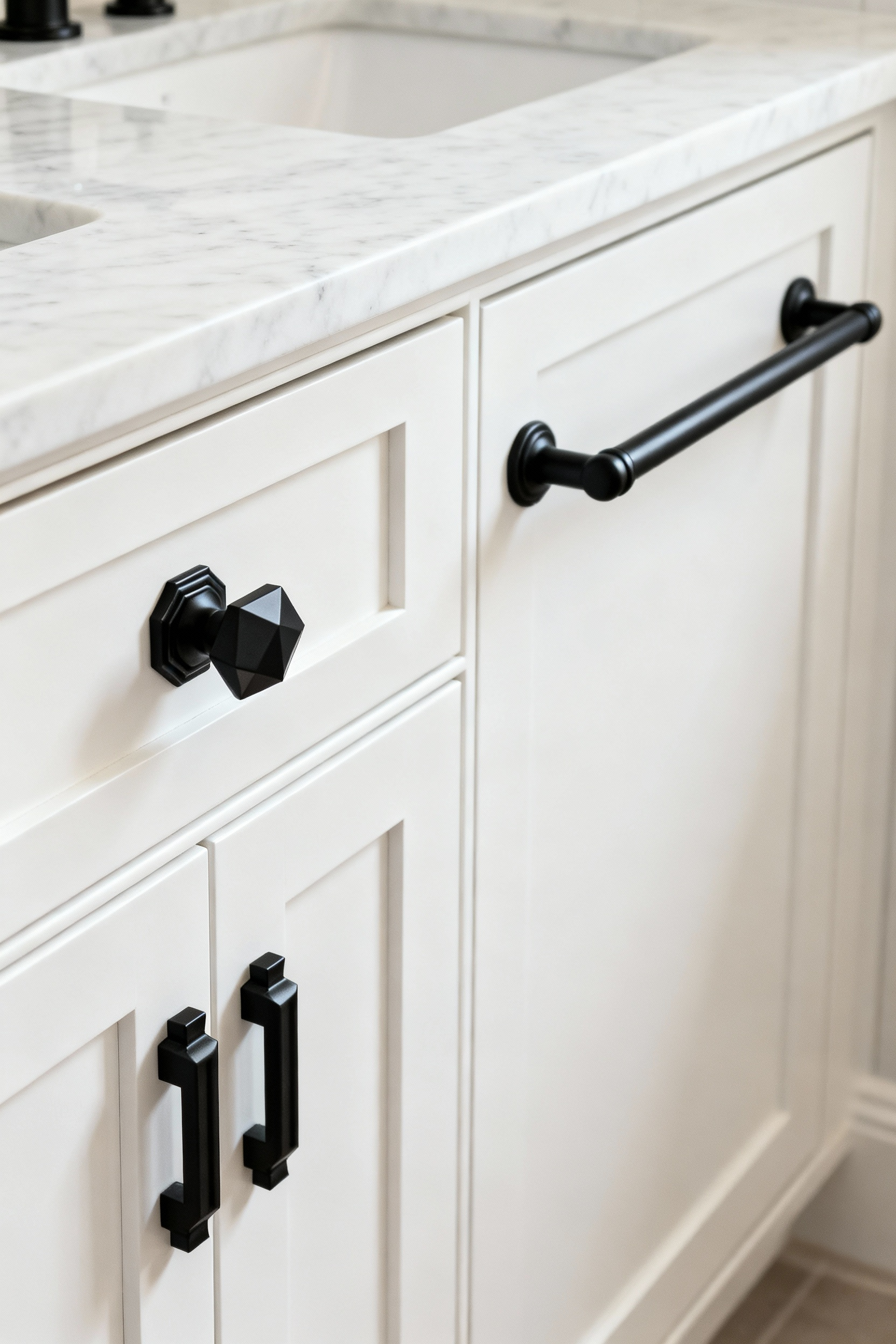 Elegant bathroom vanity with sleek matte black decorative hardware, showcasing modern drawer pulls and a towel bar against a marble countertop.