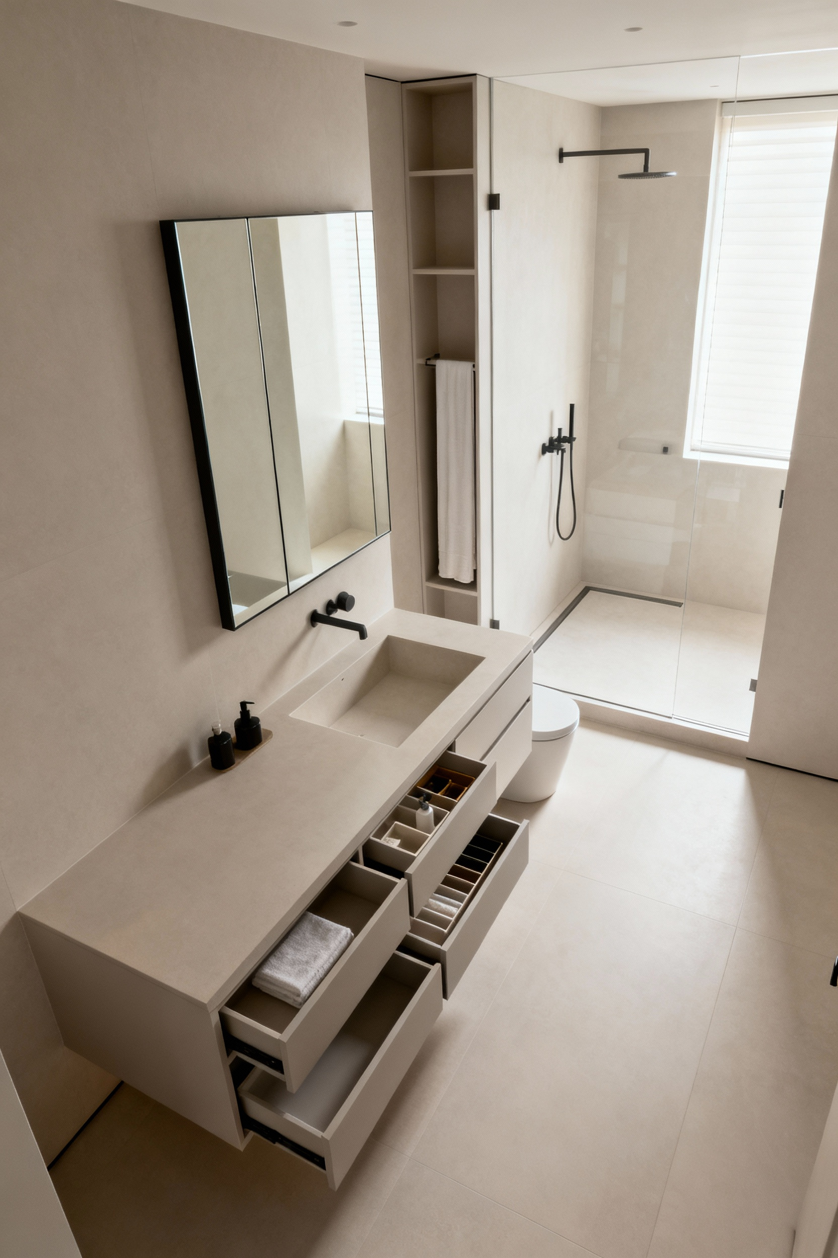 A professionally shot modern bathroom interior, showcasing a meticulously planned layout with optimal flow and accessibility. Features include a floating wooden vanity with integrated drawers, a recessed mirrored medicine cabinet, a curbless shower, and built-in vertical storage. The room is brightly lit with soft natural light, highlighting clean lines and a sense of spaciousness, with no people or text visible.