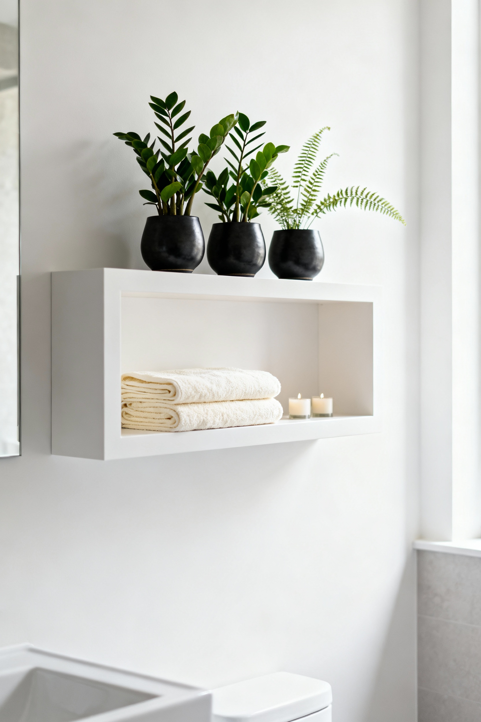 Modern bathroom interior featuring wall-mounted shelves with various botanical accents, ceramic pots holding green plants, folded towels, and candles, illustrating serene, organic vibrance.