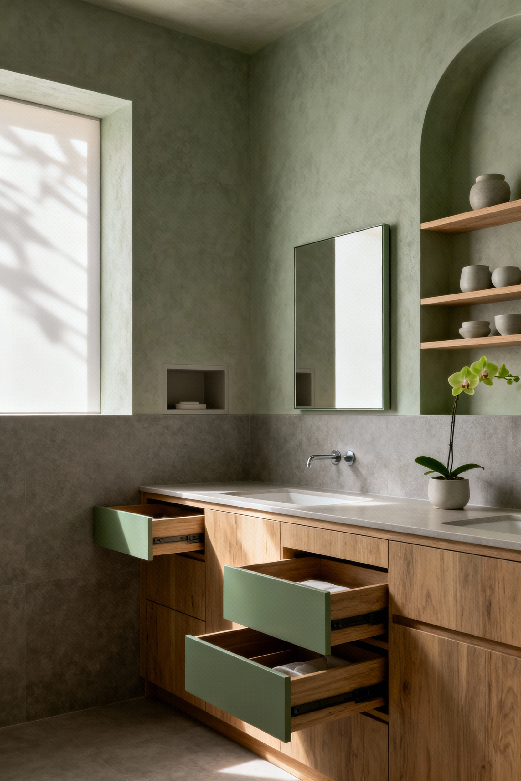 Luxurious personalized spa bathroom featuring sleek built-in storage, minimalist ceramic containers on recessed shelving, soft natural light, and an orchid, creating a clutter-free, serene sanctuary.