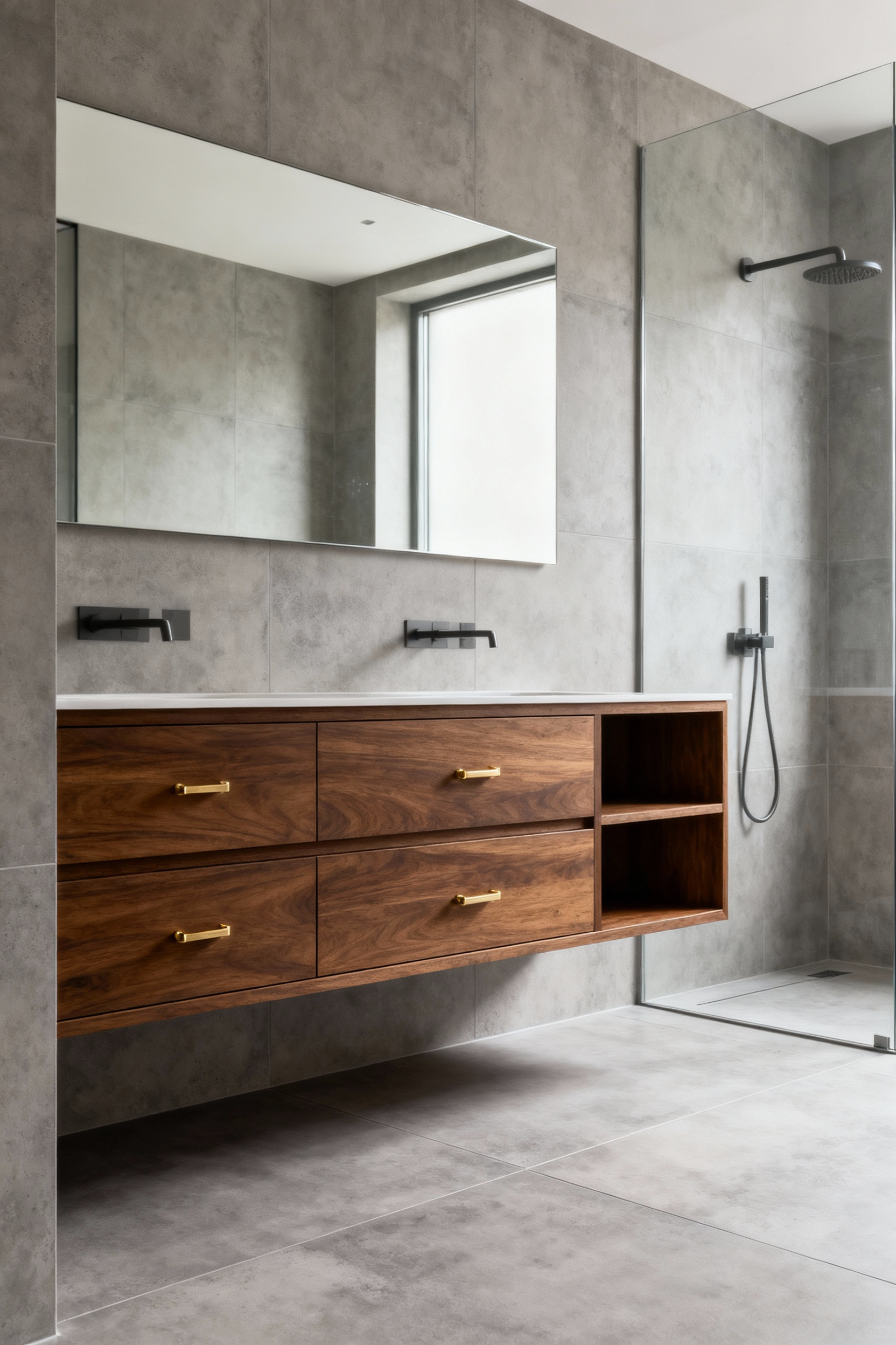 Modern bathroom interior featuring a harmonious blend of cool gray tiles and warm walnut wood, illustrating balanced color palettes.